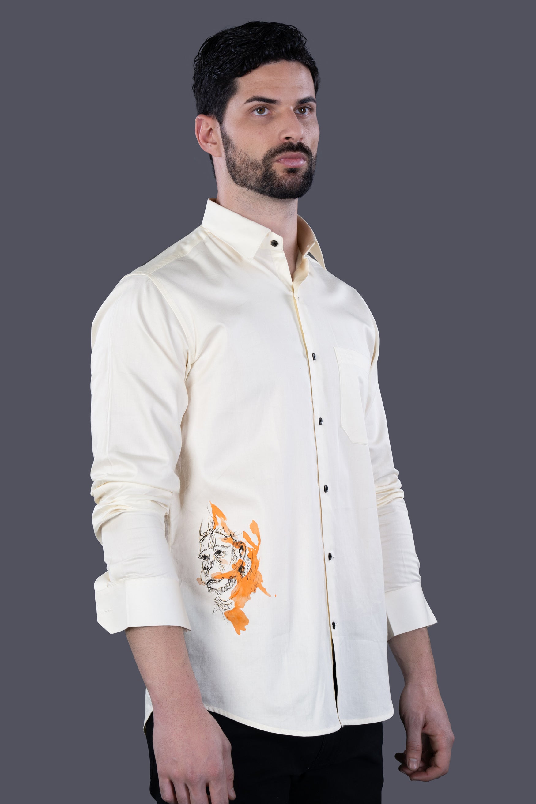 Periglacial Cream Lord Hanuman Hand Painted Subtle Sheen Super Soft Premium Cotton Designer Shirt
