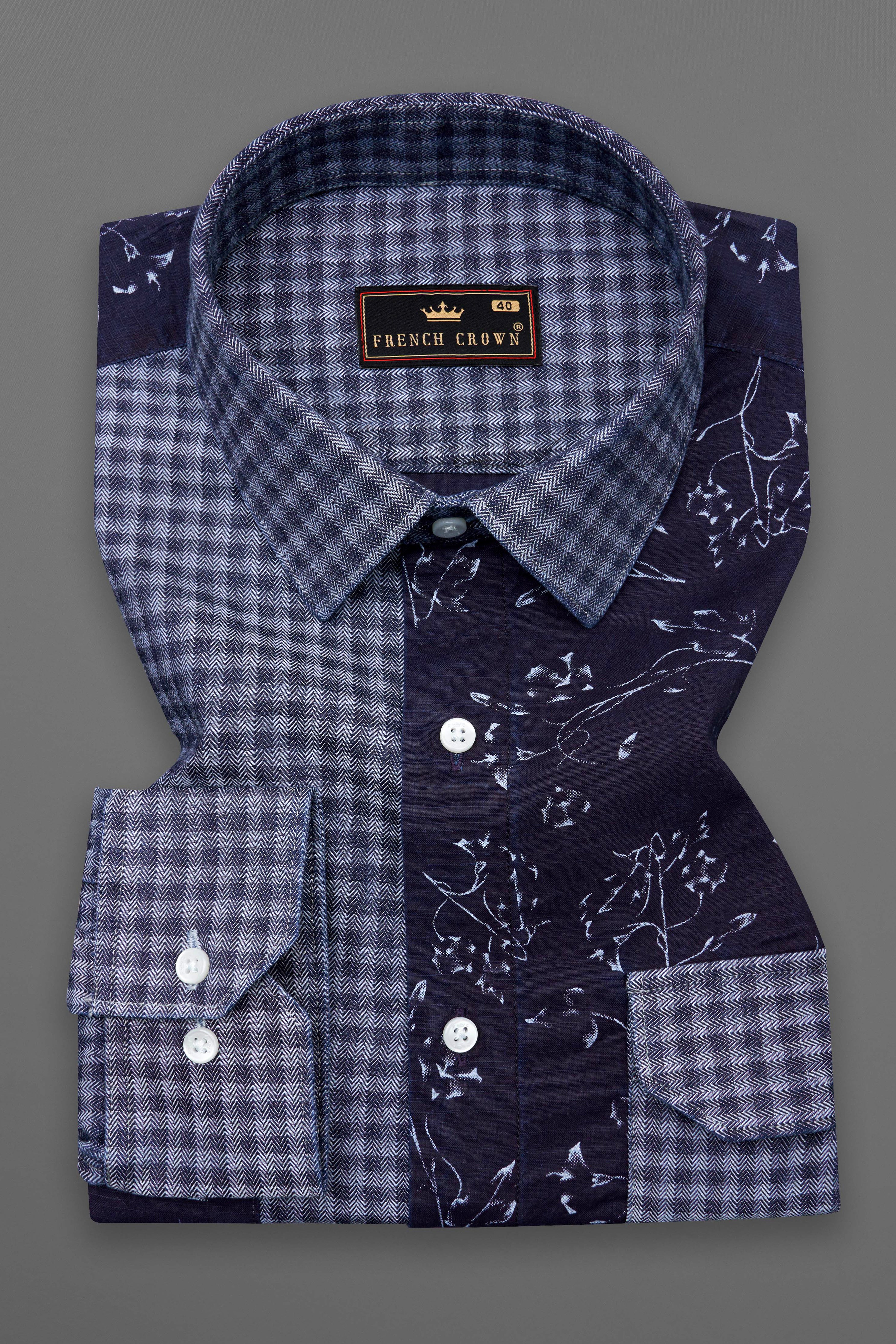 Cedar Blue with Storm Gray Gingham Printed Herringbone Designer Shirt