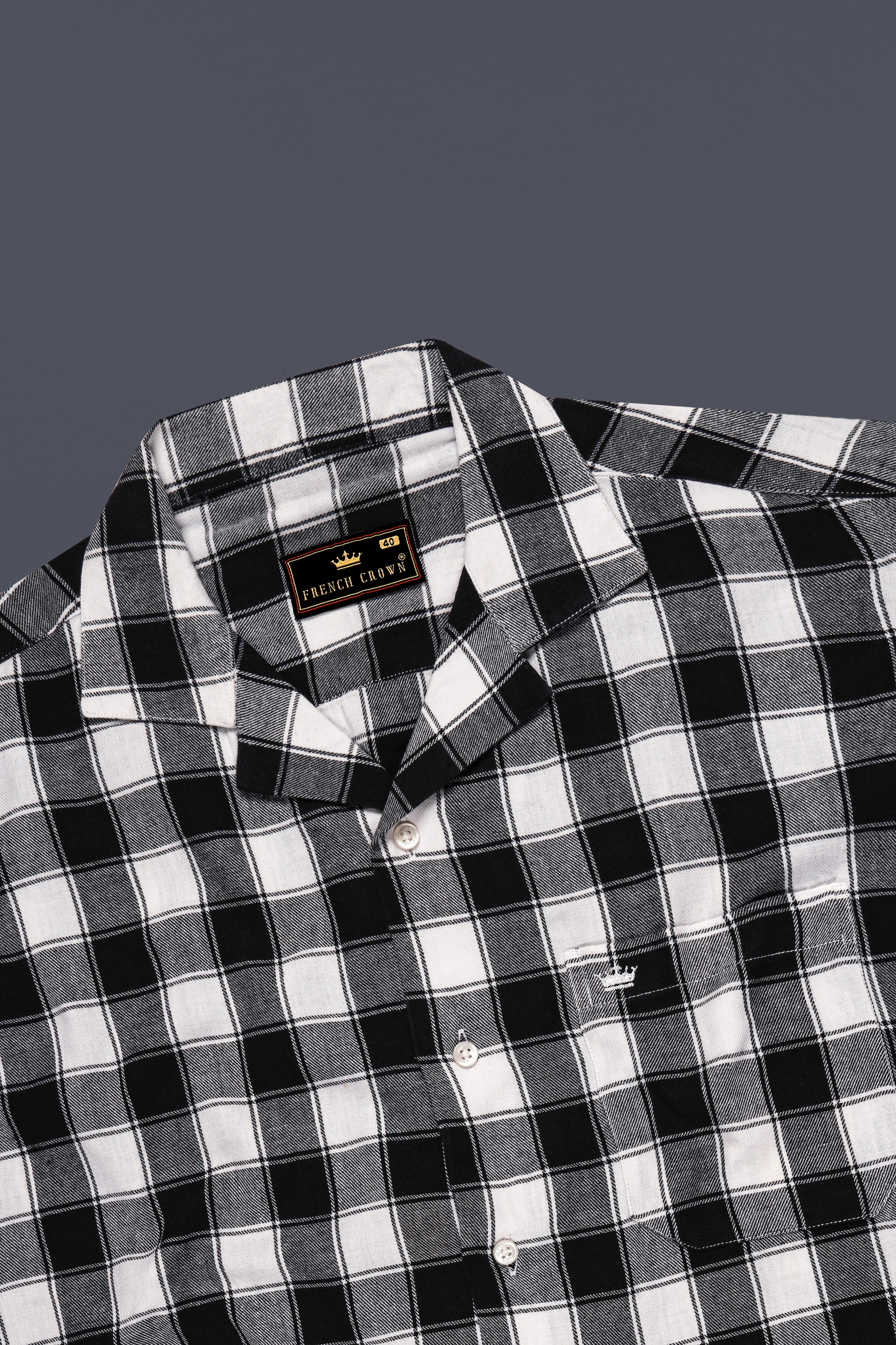 Bright White and Black Checked Dobby Textured Premium Giza Cotton Shirt