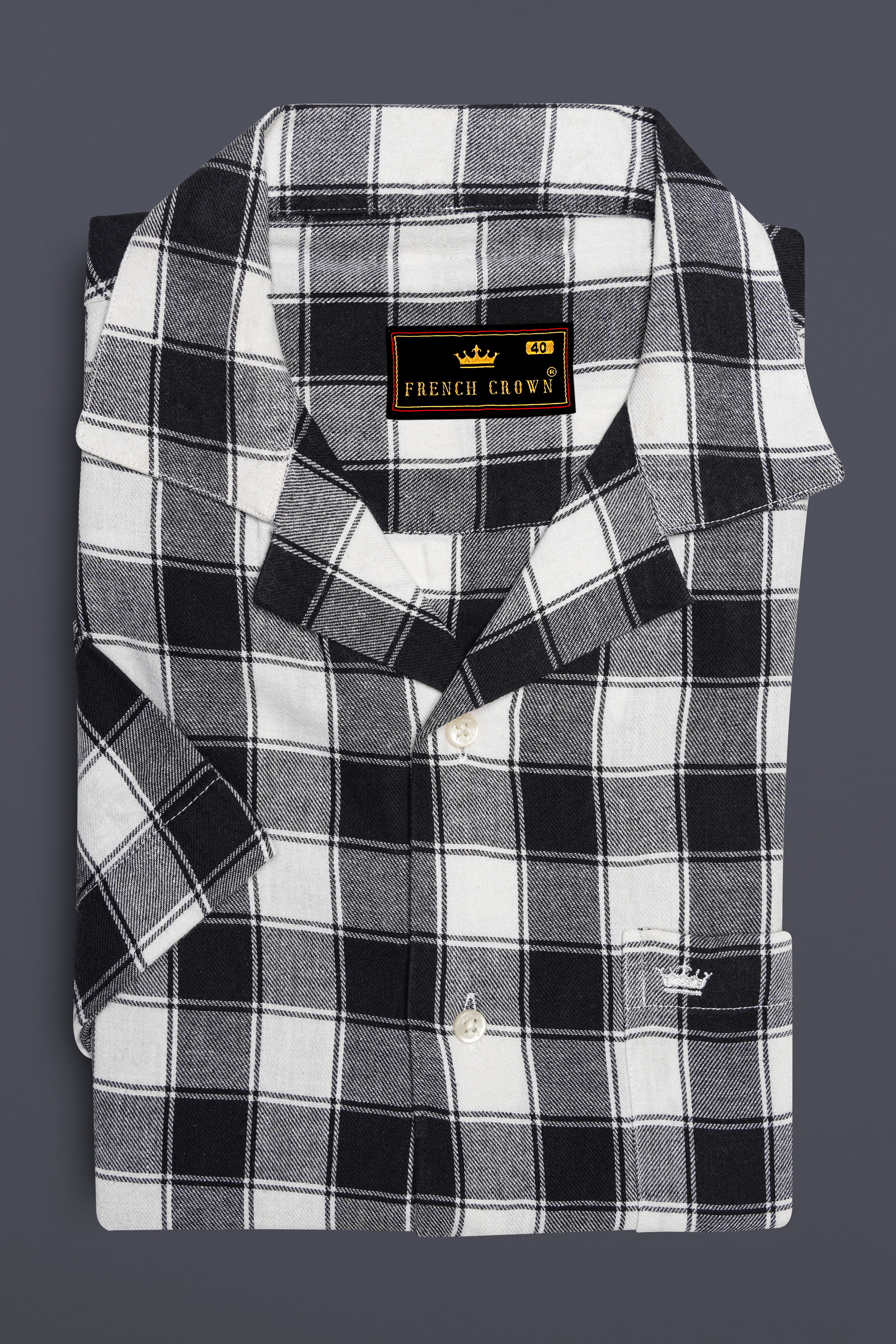 Bright White and Black Checked Dobby Textured Premium Giza Cotton Shirt