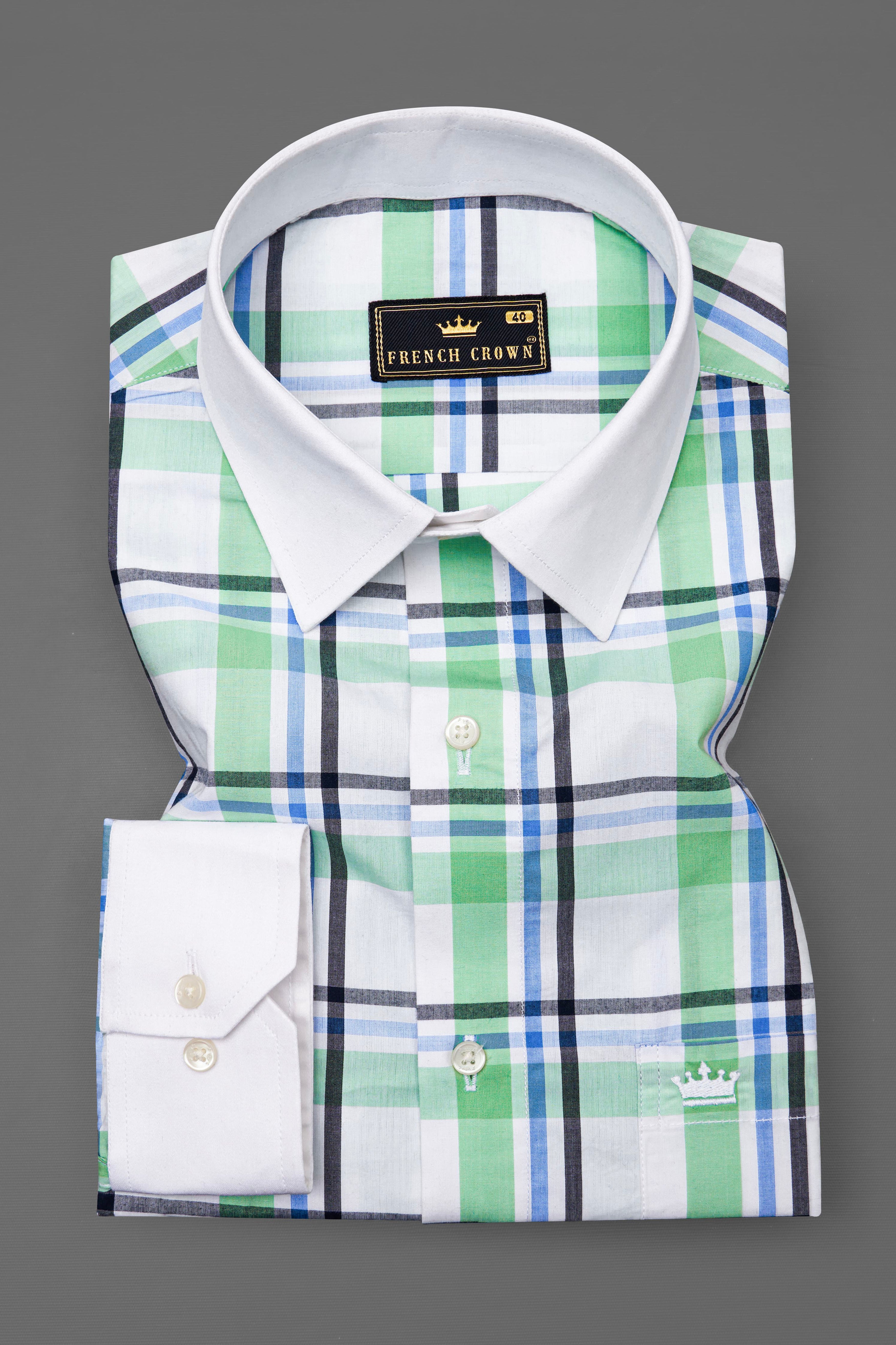 Bright White with Oxley Green and Black Windowpane Premium Cotton Shirt