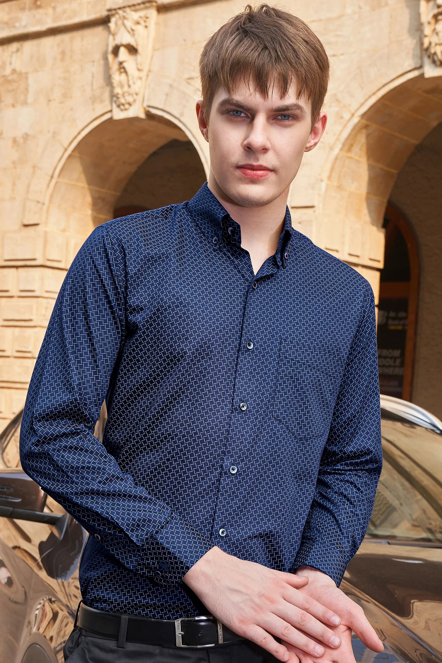 Mirage Navy Blue Printed Royal Oxford Shirt