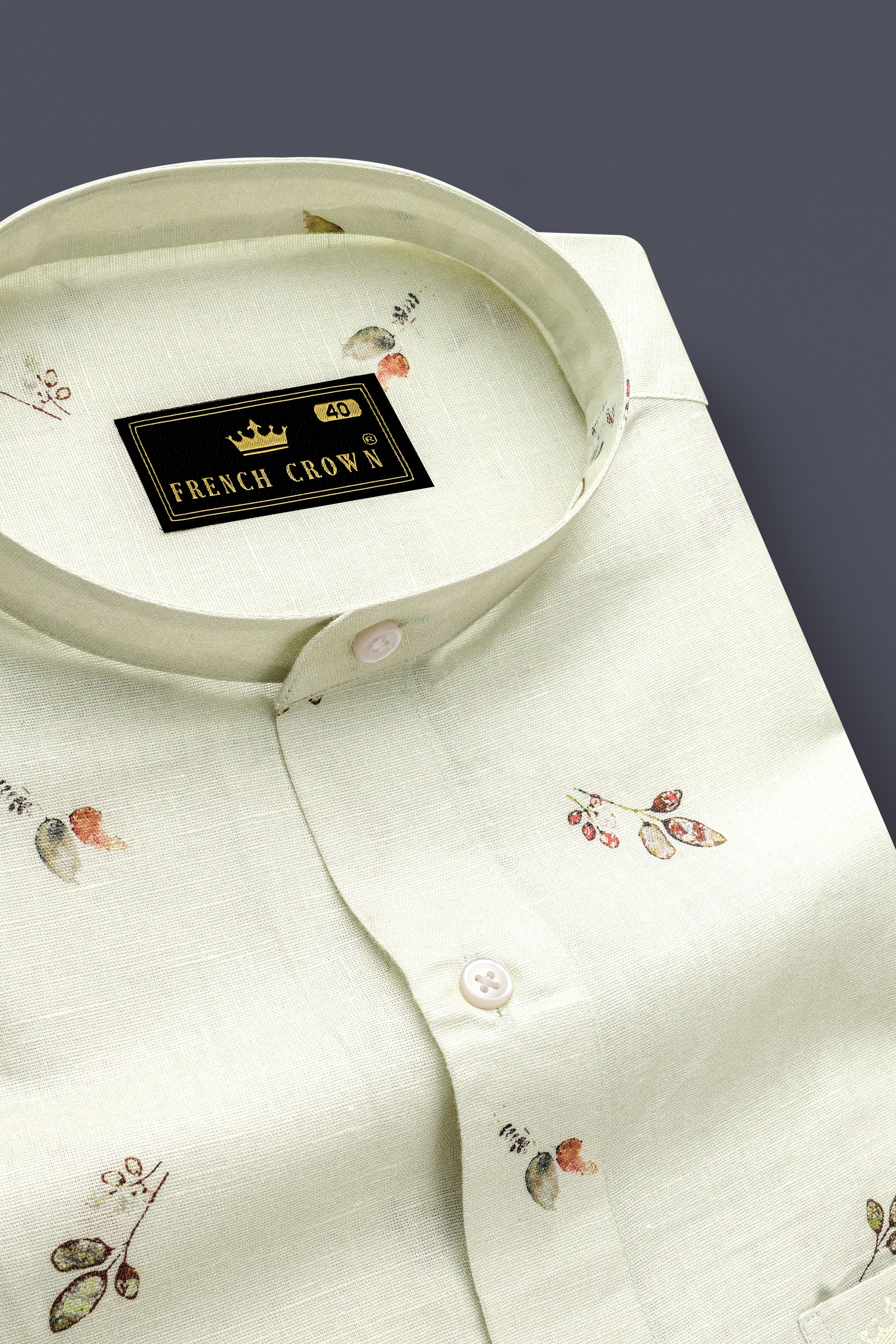 Beryl Beige Leaves Printed Luxurious Linen Shirt