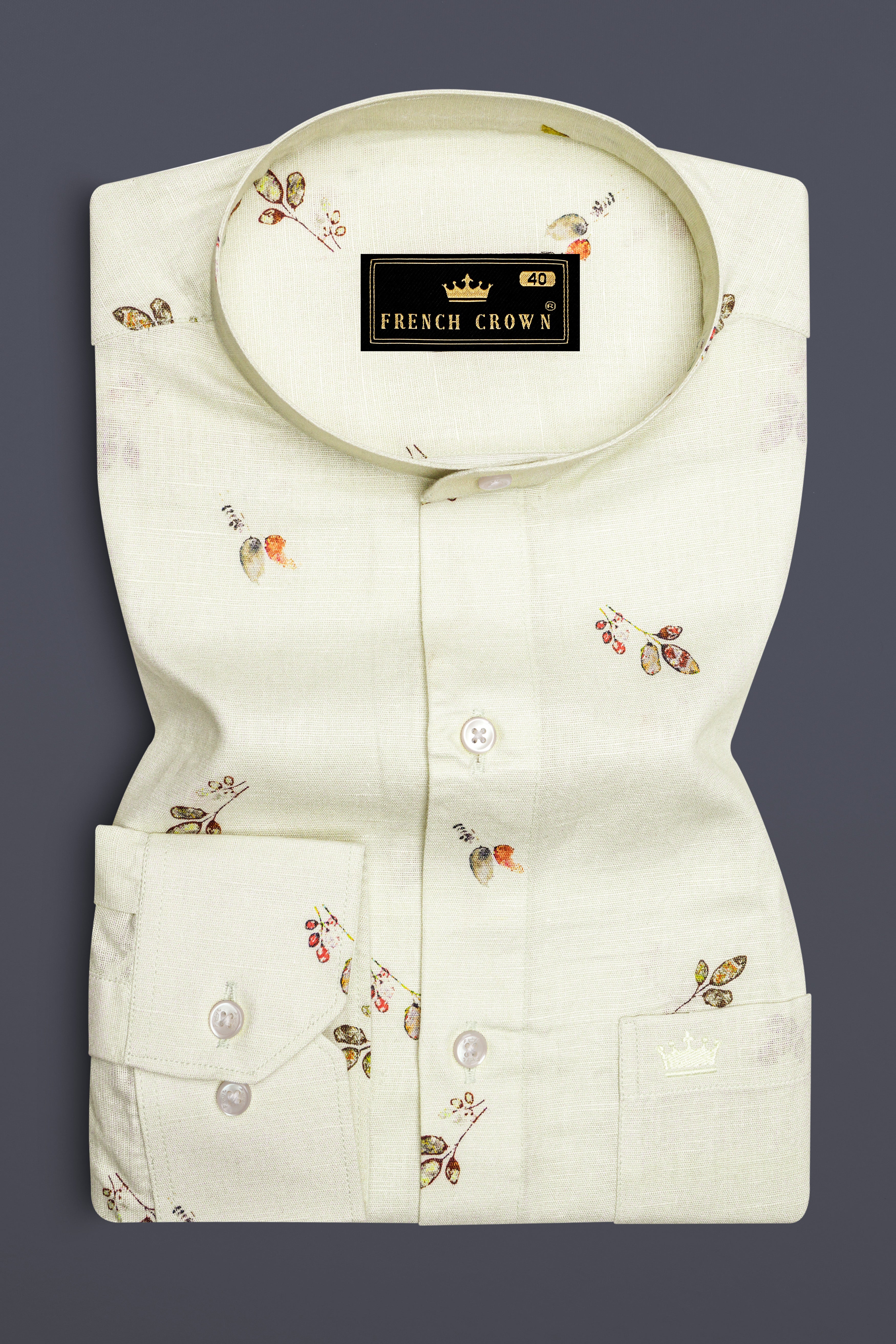 Beryl Beige Leaves Printed Luxurious Linen Shirt