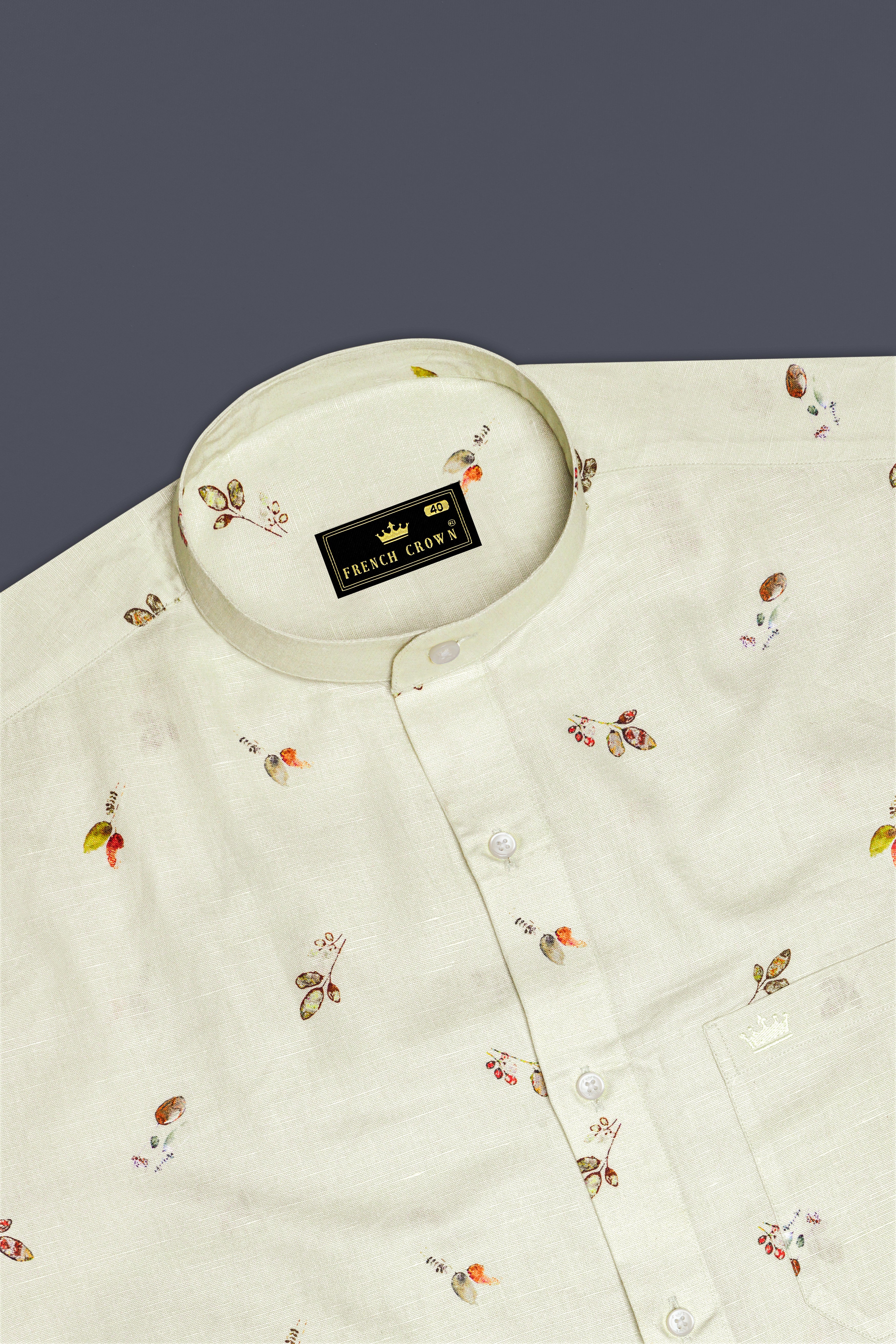 Beryl Beige Leaves Printed Luxurious Linen Shirt