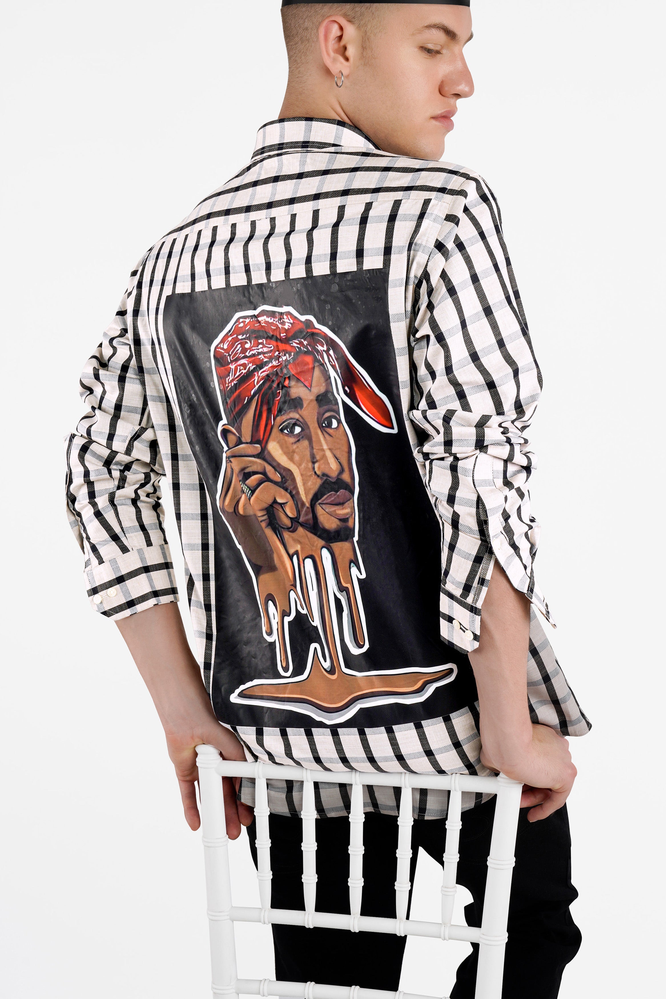 Seashell Beige with Mirage Black Checkered Funky Printed Dobby Premium Giza Cotton Shirt
