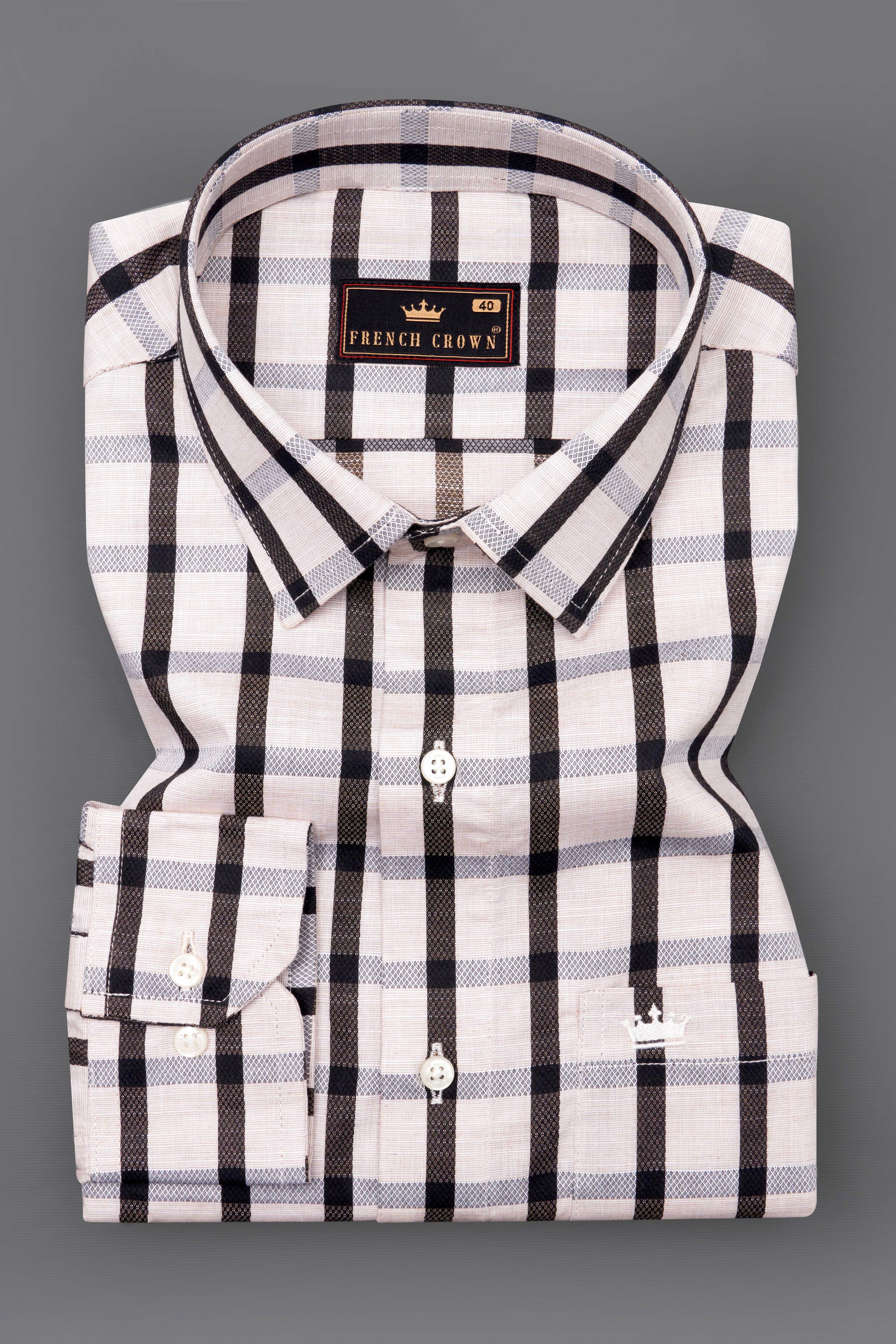 Sea Shell Off White and Jade Black Checkered Dobby Textured Premium Giza Cotton Shirt