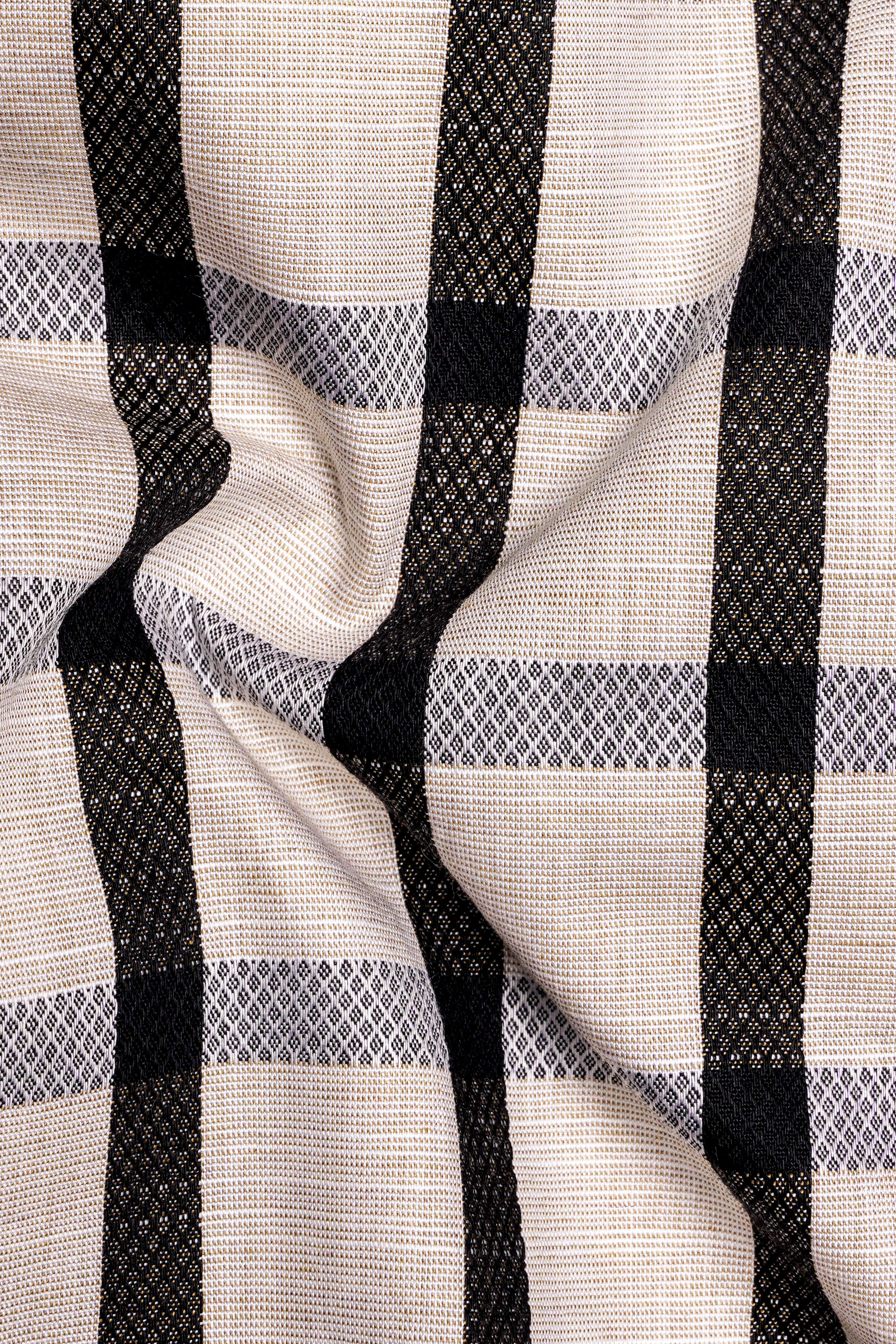 Sea Shell Off White and Jade Black Checkered Dobby Textured Premium Giza Cotton Shirt