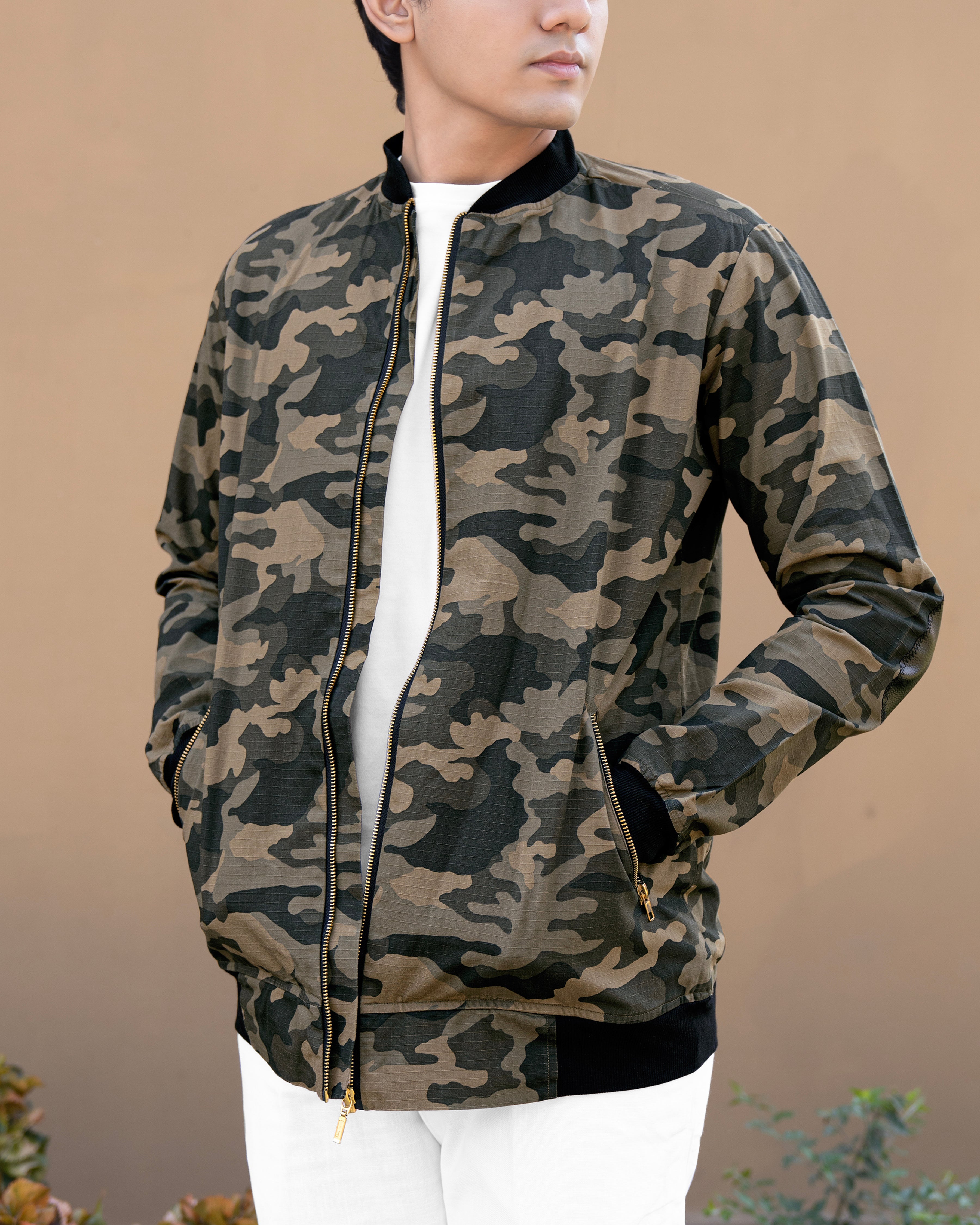 Americano Brown with Charcoal Green Camouflage Royal Oxford Bomber Jacket