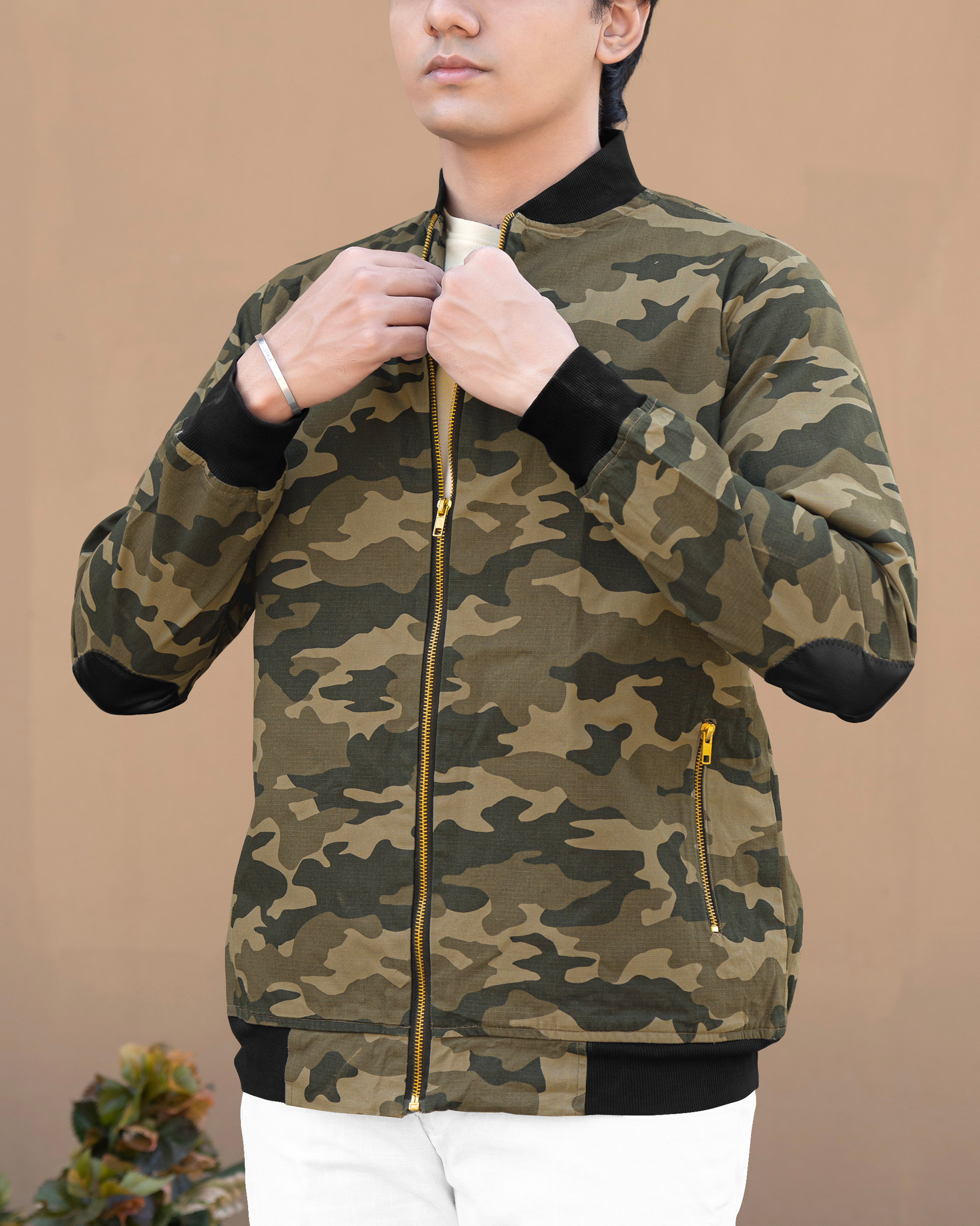 Finch Green and Tobacco Brown Camouflage Royal Oxford Bomber Jacket