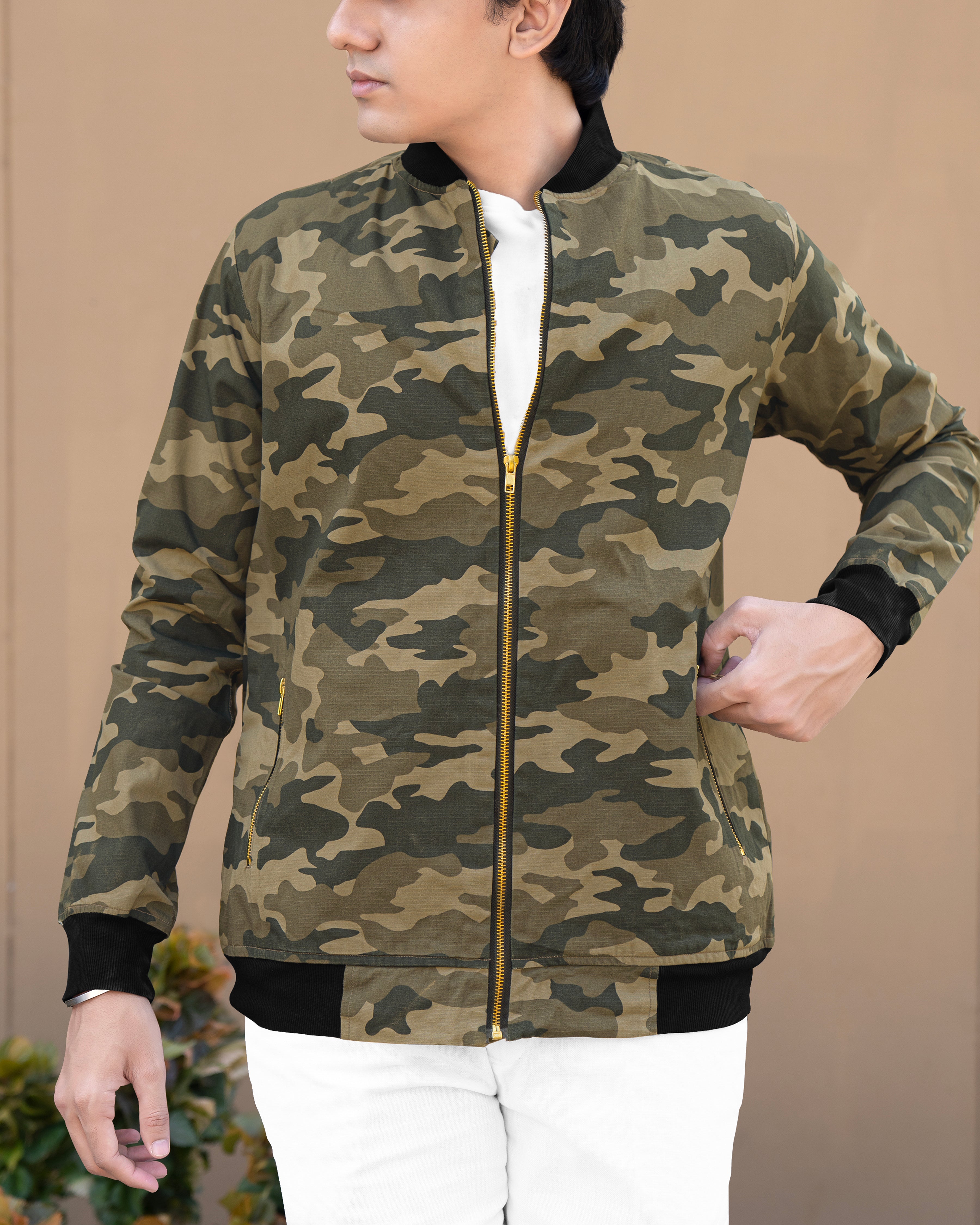 Finch Green and Tobacco Brown Camouflage Royal Oxford Bomber Jacket