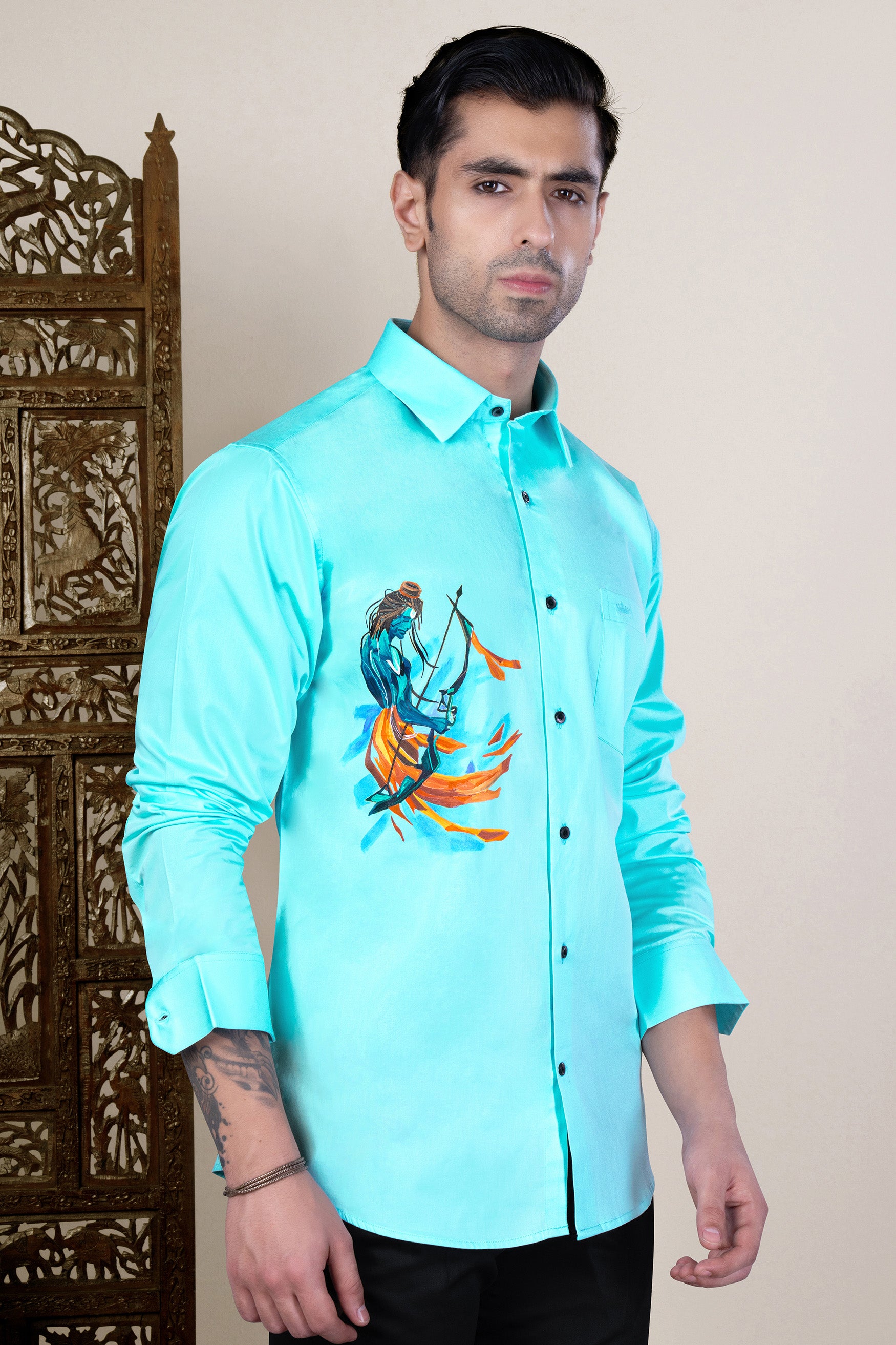 Cyan Blue Lord Ram Hand Painted Subtle Sheen Super Soft Premium Cotton Designer Shirt