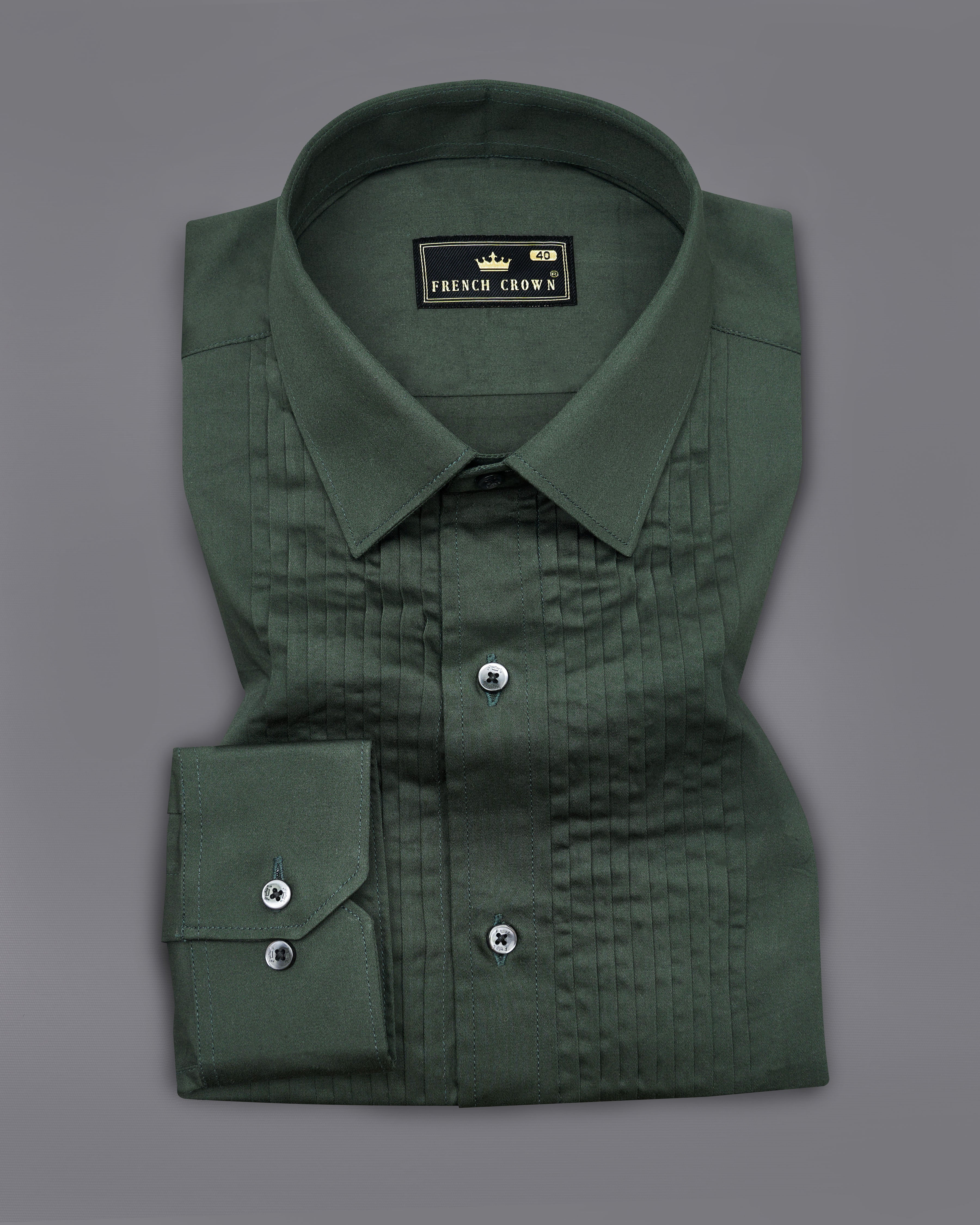 Timber Green Subtle Sheen Snake Pleated Super Soft Premium Cotton Tuxedo Shirt