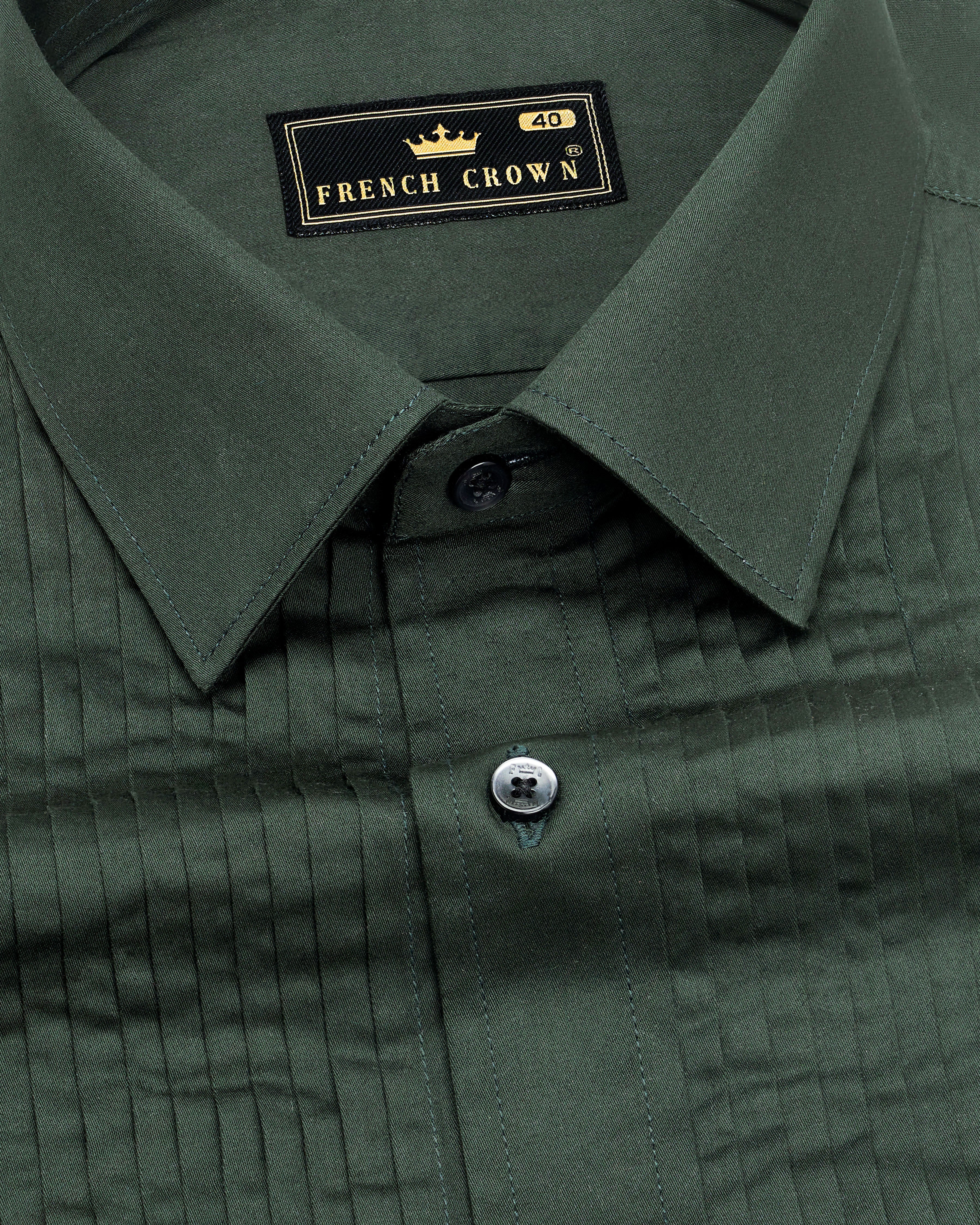 Timber Green Subtle Sheen Snake Pleated Super Soft Premium Cotton Tuxedo Shirt