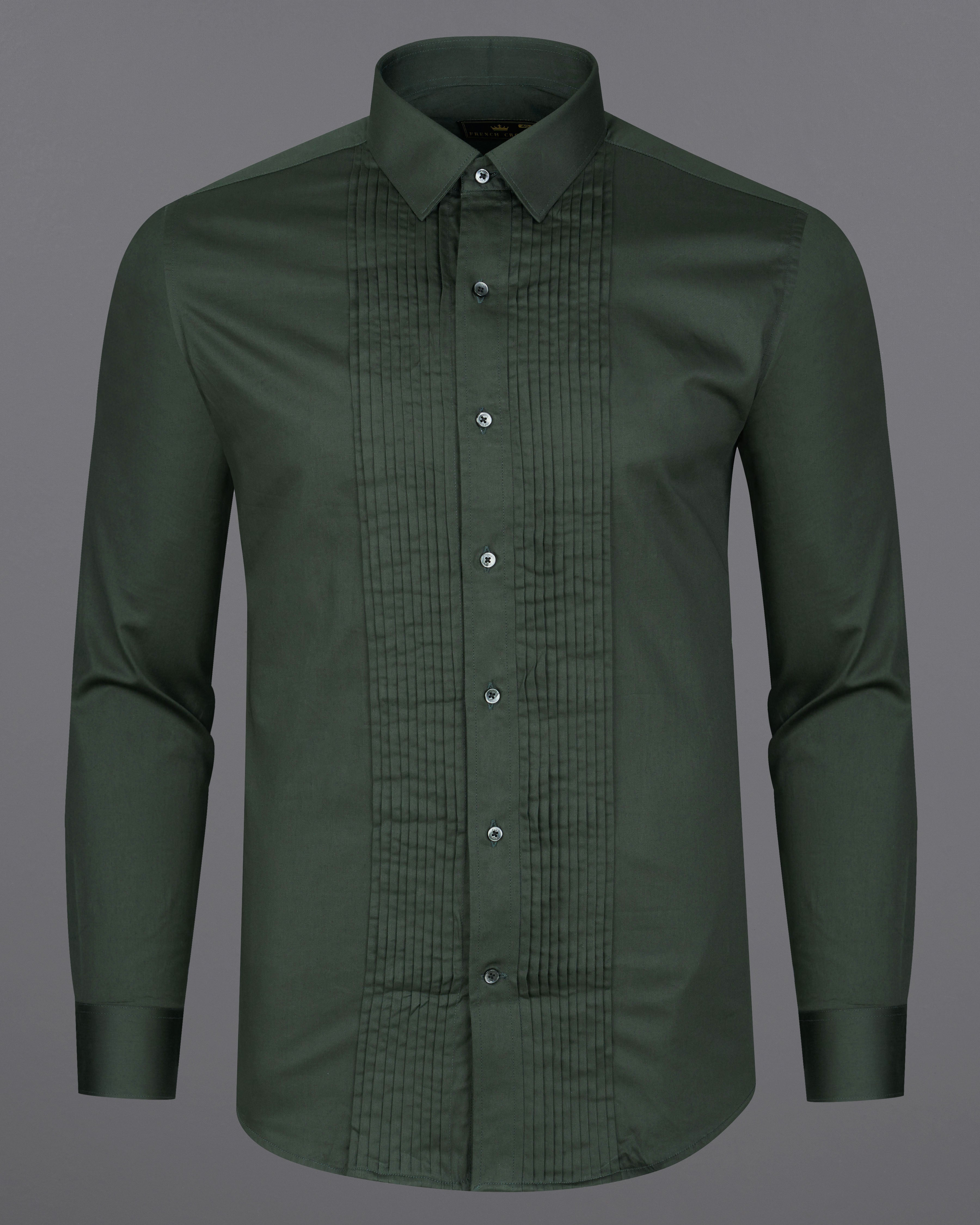 Timber Green Subtle Sheen Snake Pleated Super Soft Premium Cotton Tuxedo Shirt