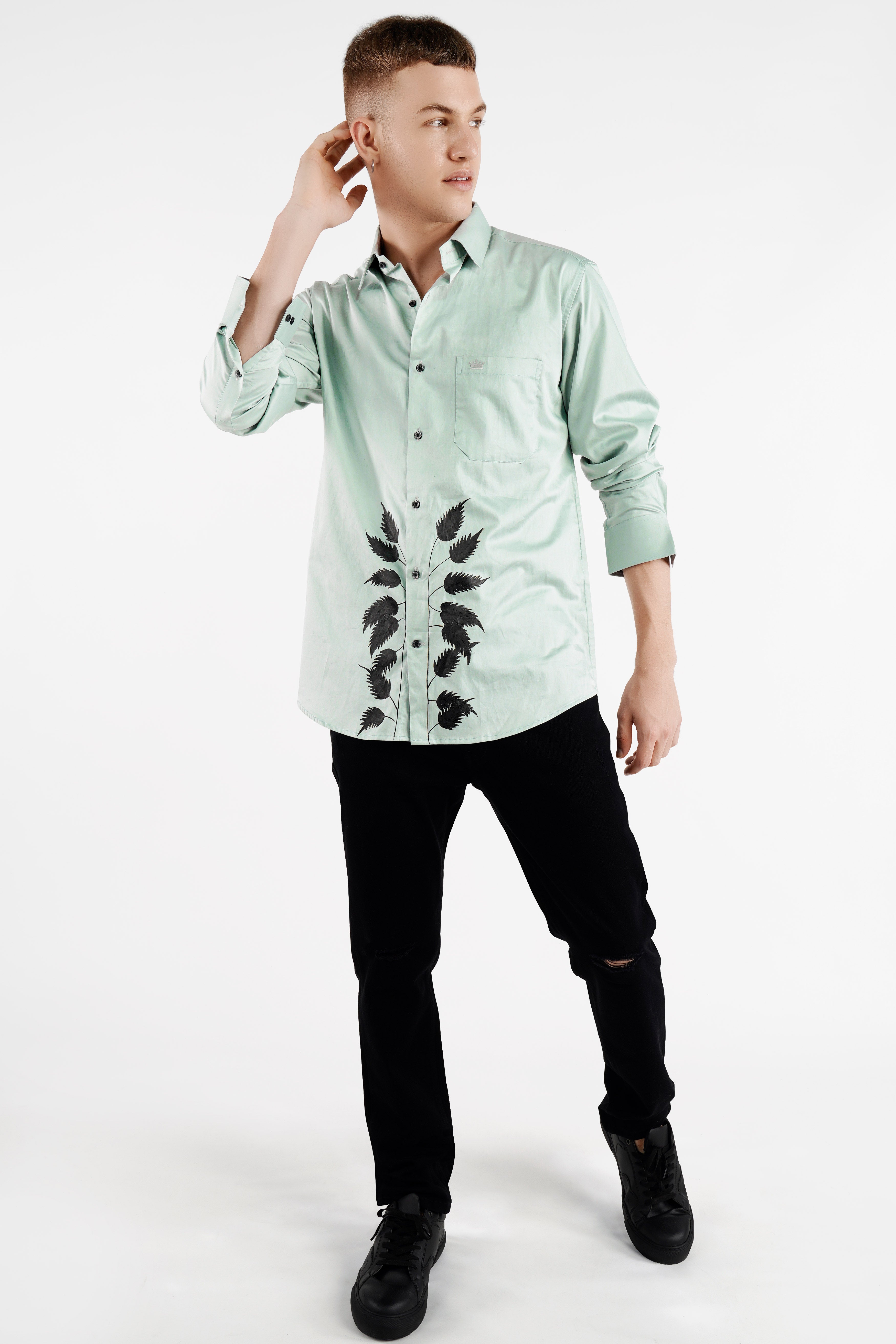 Gainsboro Green Leaves Hand Painted Super Soft Premium Cotton Designer Shirt
