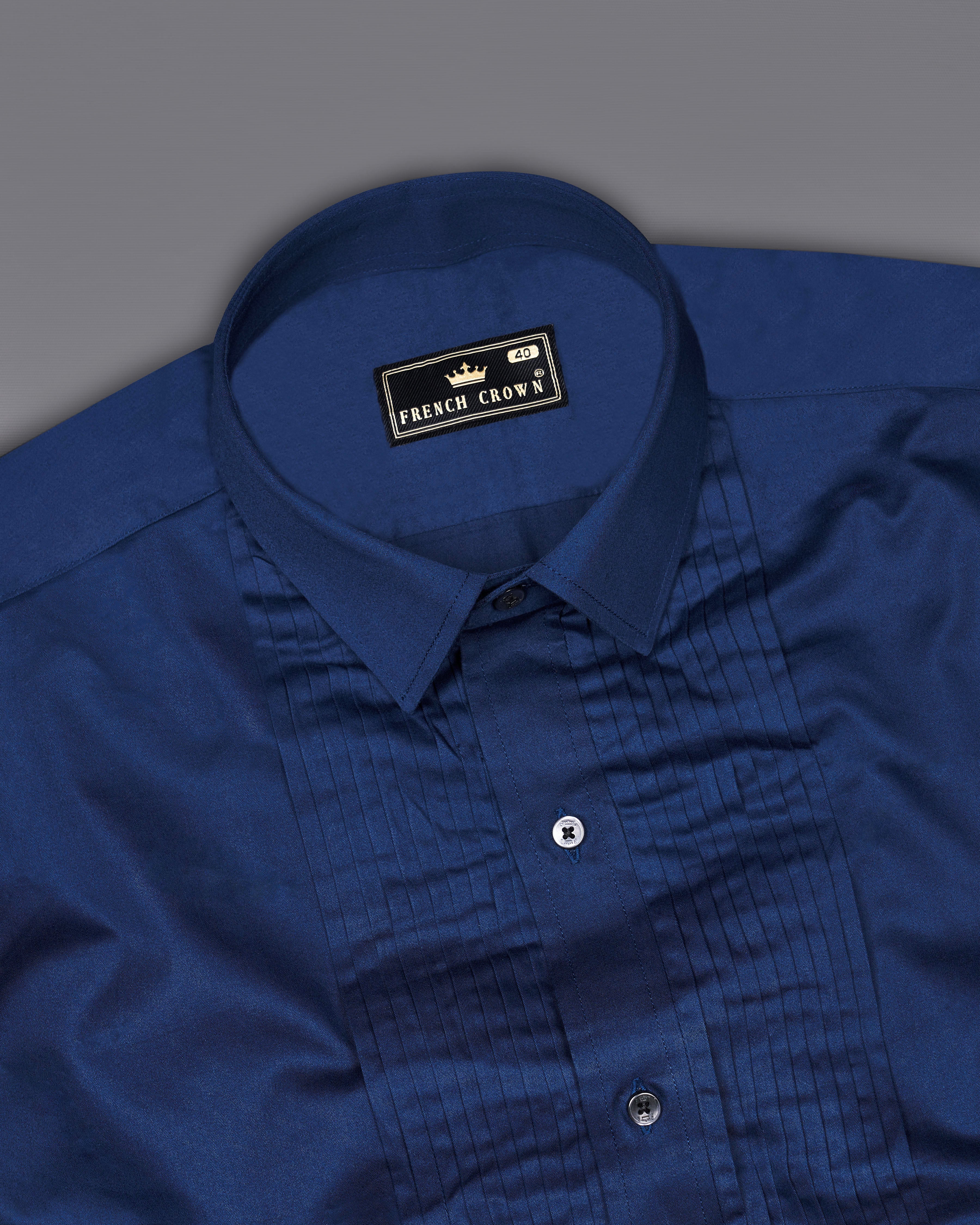 Cloud Burst Blue Subtle Sheen Snake Pleated Super Soft Premium Cotton Tuxedo Shirt