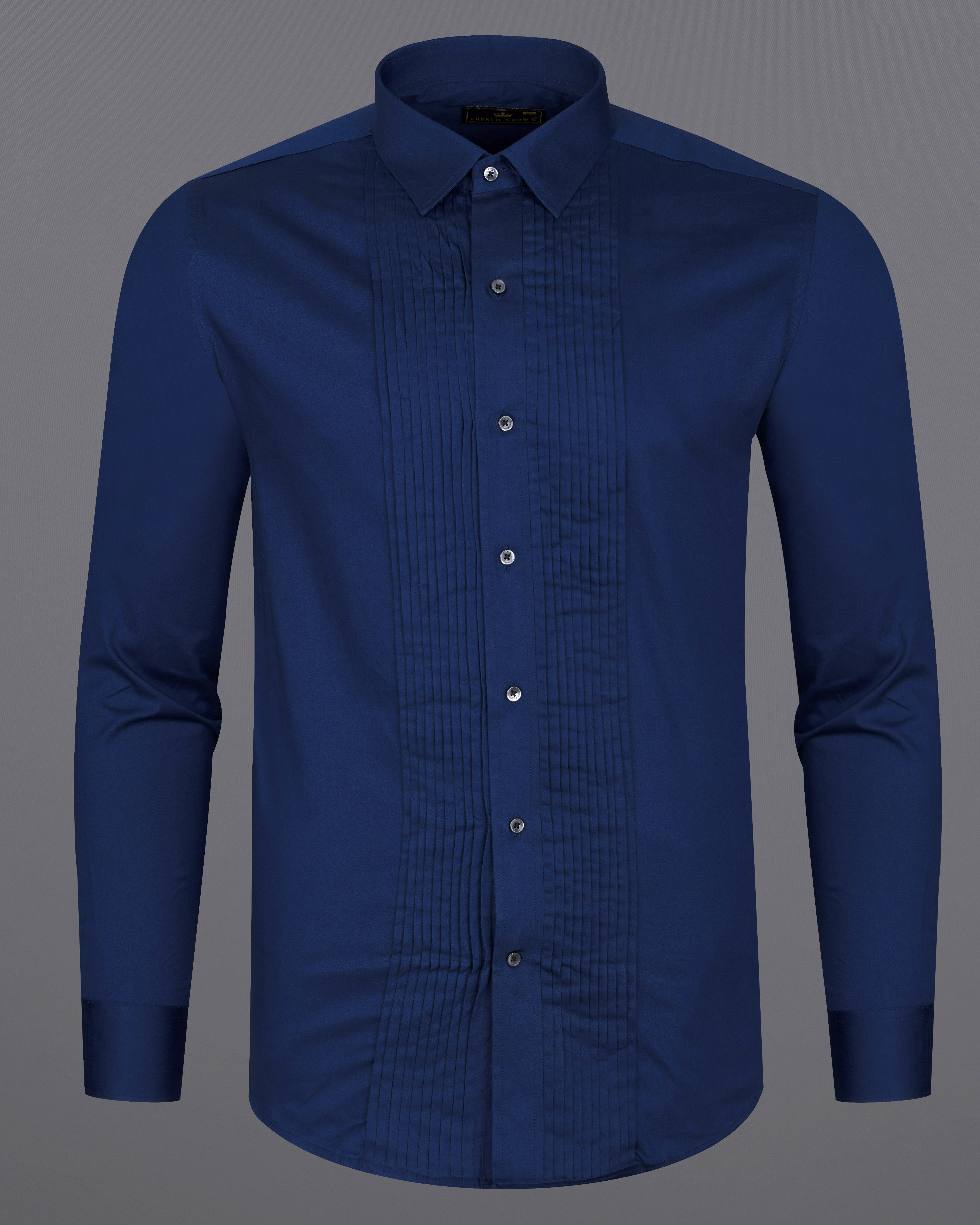Cloud Burst Blue Subtle Sheen Snake Pleated Super Soft Premium Cotton Tuxedo Shirt