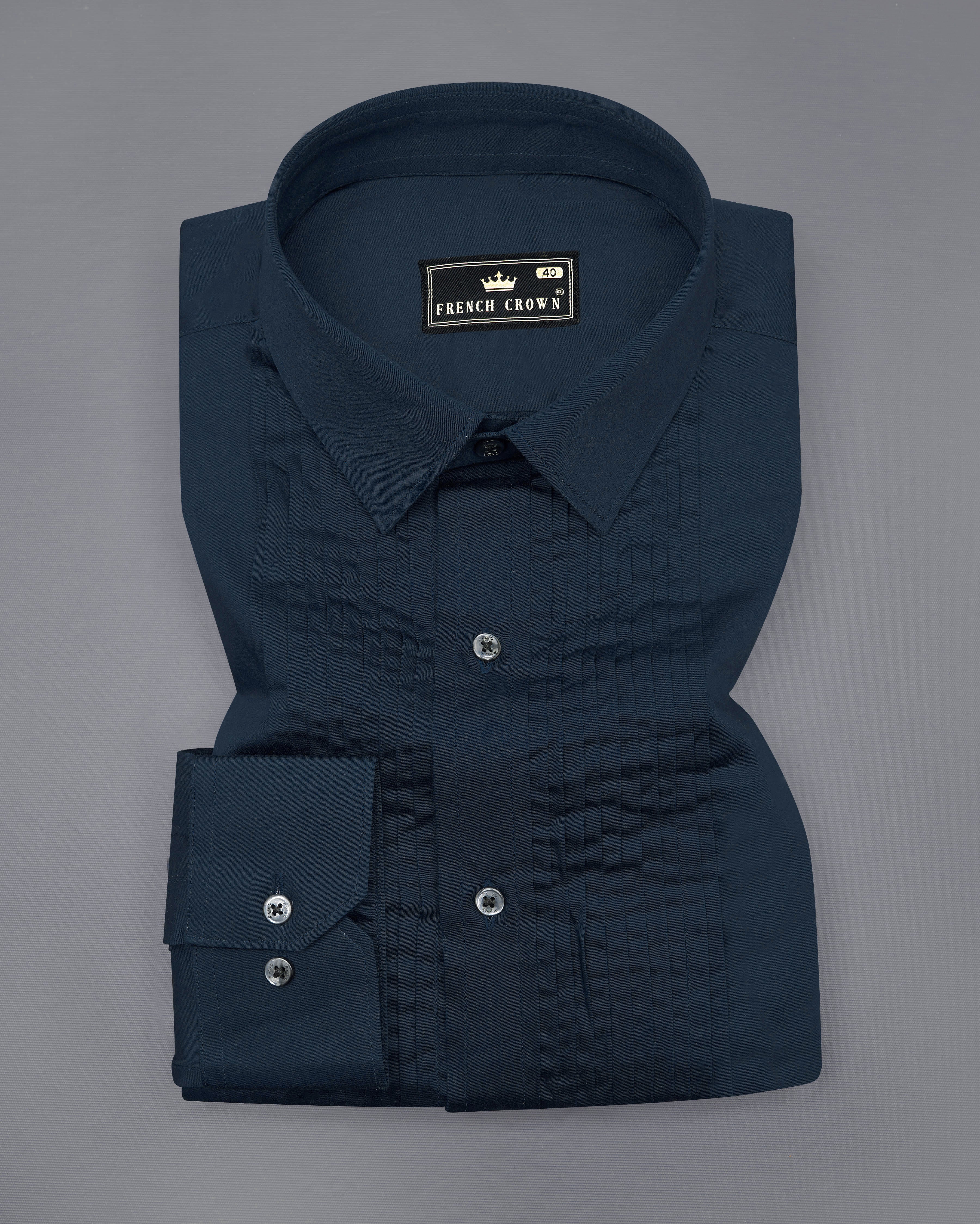 Baltic Sea Navy Blue Subtle Sheen Snake Pleated Super Soft Premium Cotton Tuxedo Shirt