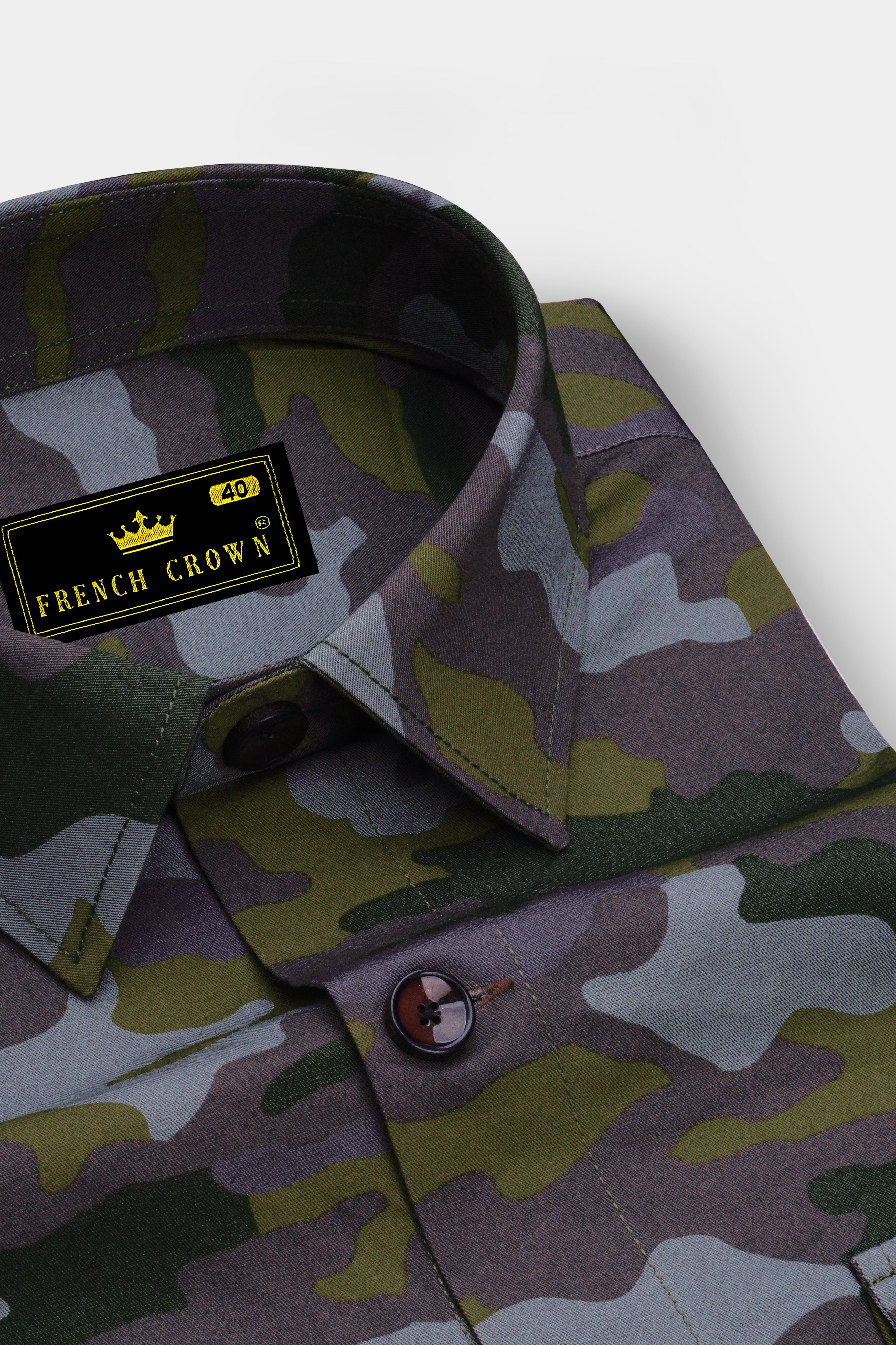 Gravel Gray with Hemlock Green Camouflage Printed Royal Oxford Designer Overshirt/Shacket
