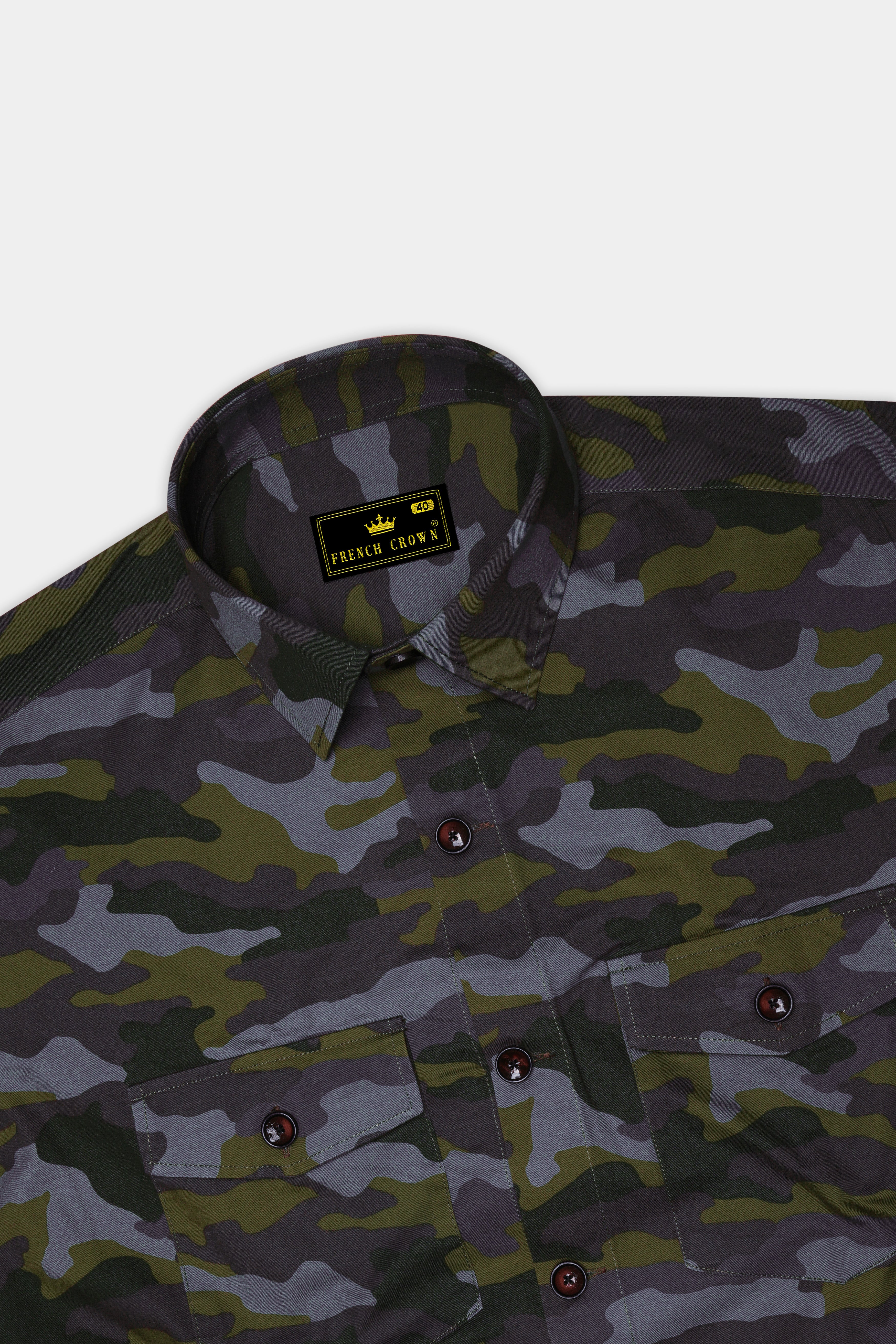 Gravel Gray with Hemlock Green Camouflage Printed Royal Oxford Designer Overshirt/Shacket