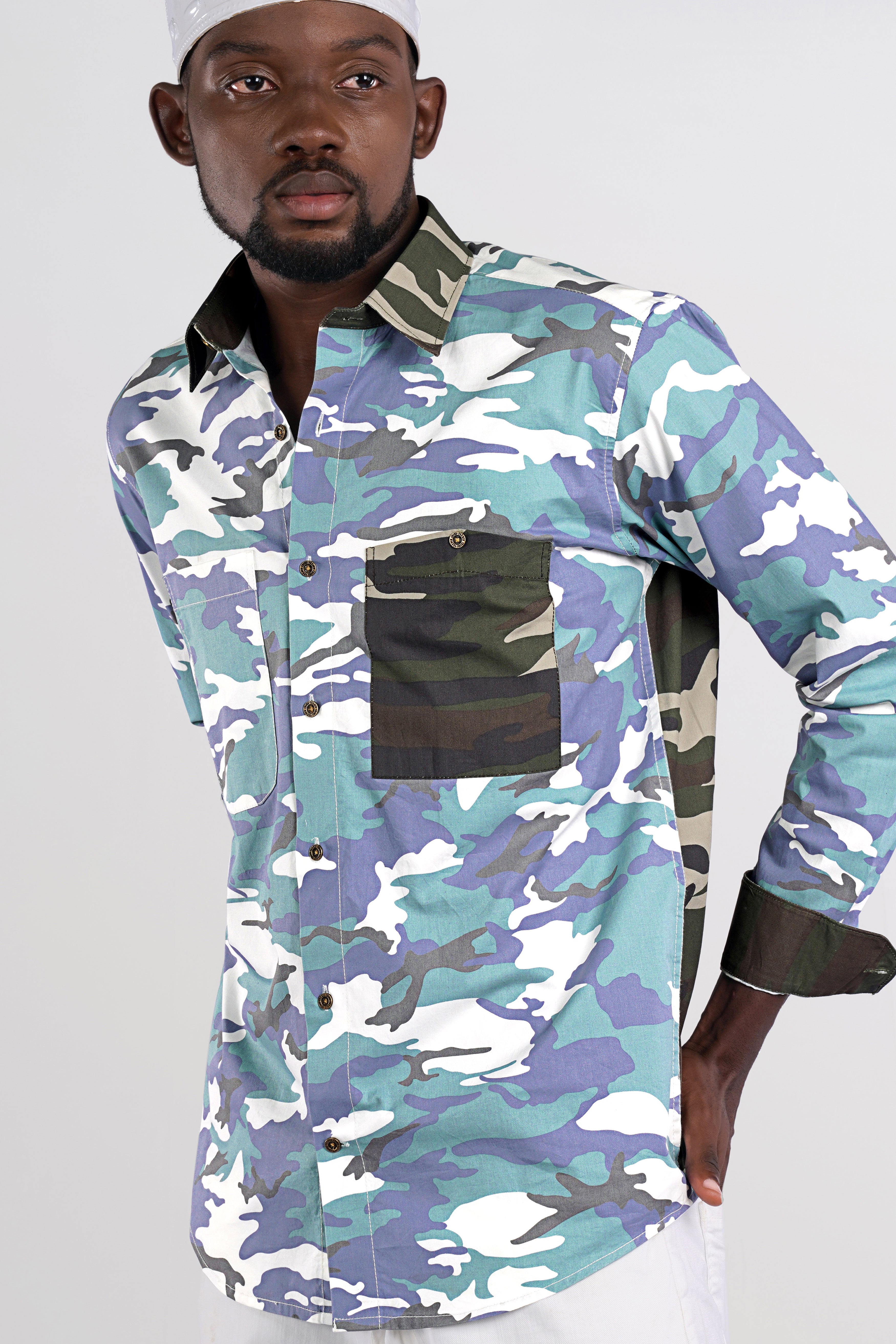 Comet Blue With Multicoloured  Camouflage Printed Royal Oxford Designer Shirt