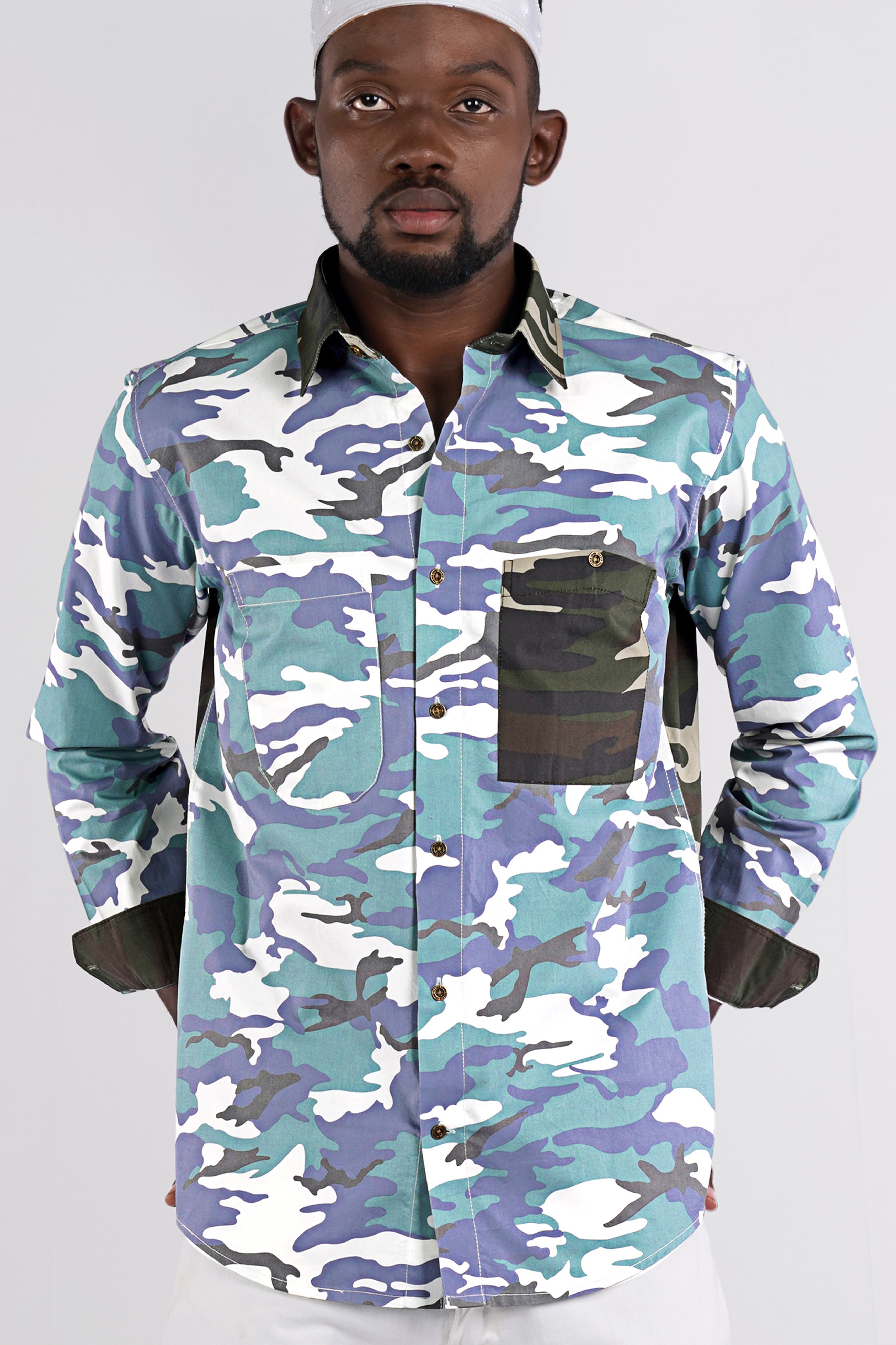 Comet Blue With Multicoloured  Camouflage Printed Royal Oxford Designer Shirt