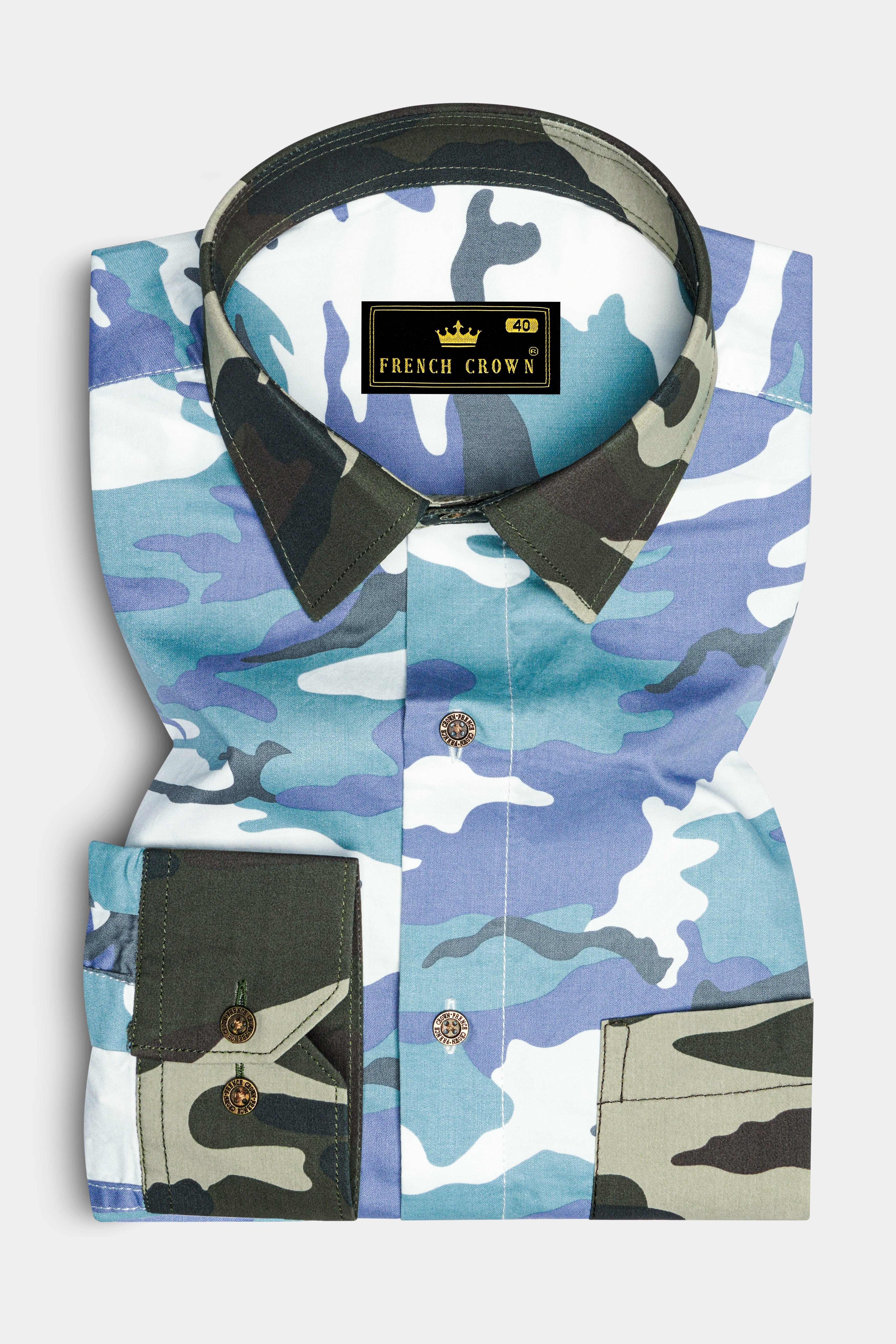 Comet Blue With Multicoloured  Camouflage Printed Royal Oxford Designer Shirt