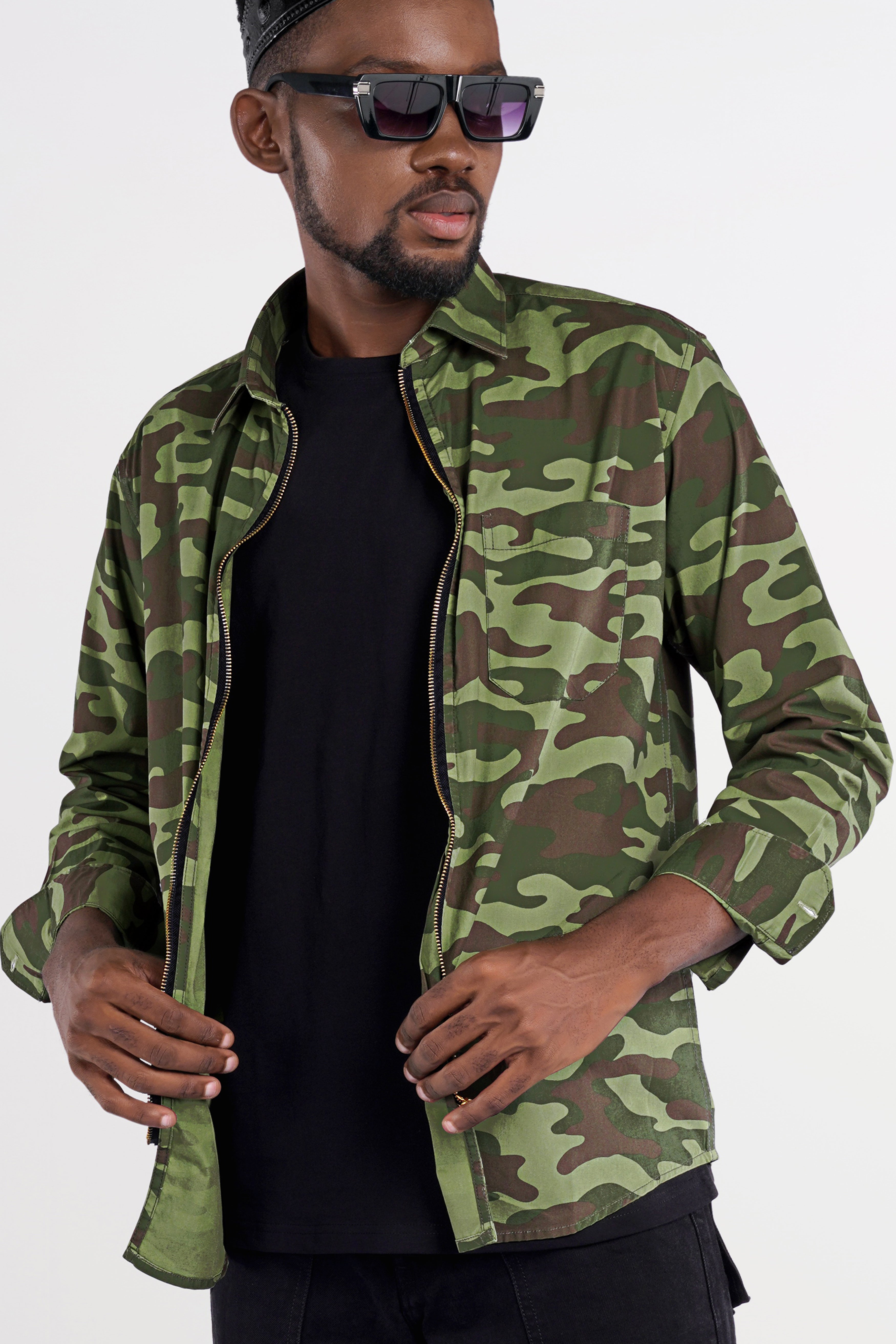 Mallard Green with Fuscous Brown Camouflage Printed Royal Oxford Designer zipper Jacket