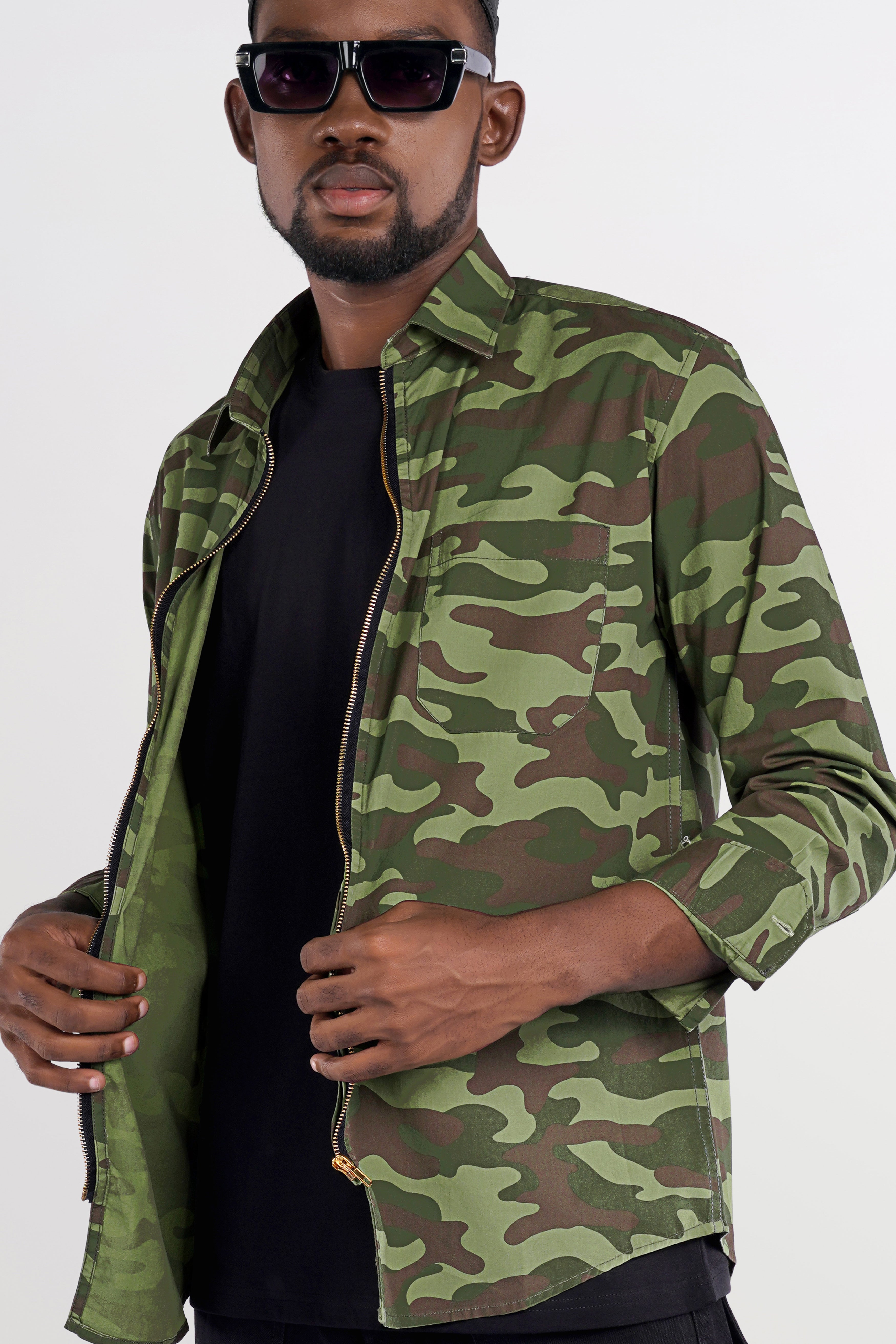 Mallard Green with Fuscous Brown Camouflage Printed Royal Oxford Designer zipper Jacket