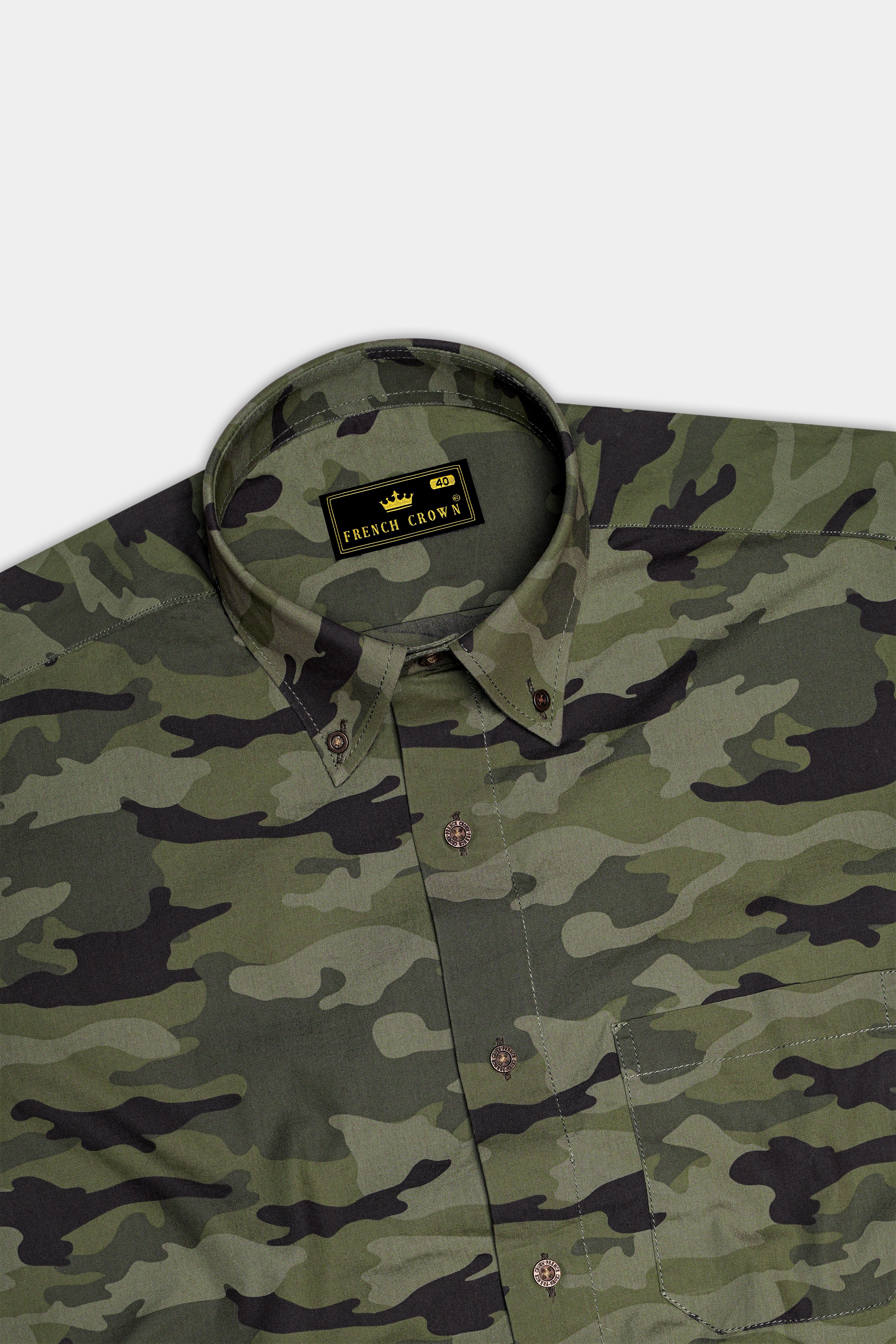 Limed Green with Bistre Brown Camouflage Printed Royal Oxford Shirt