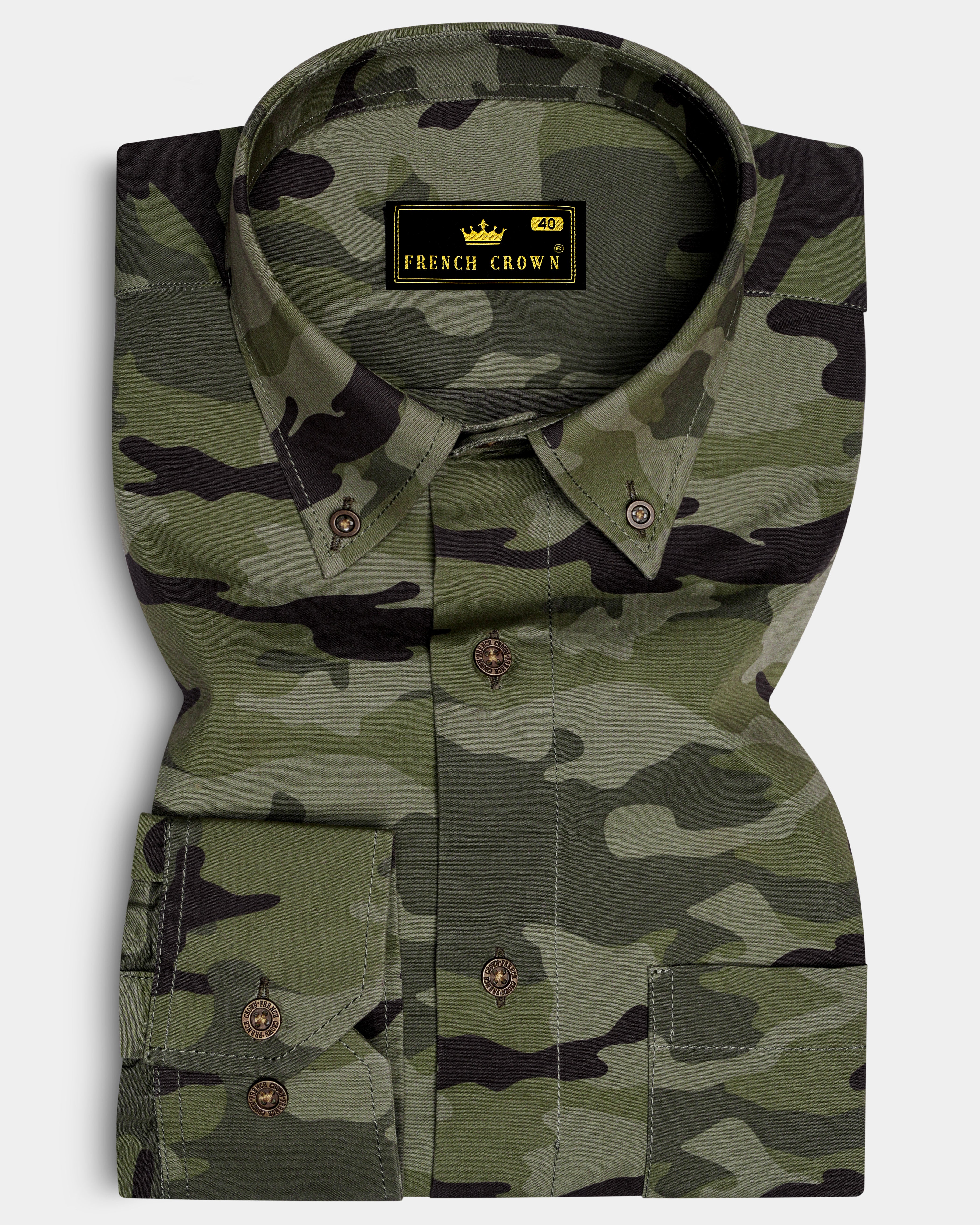 Limed Green with Bistre Brown Camouflage Printed Royal Oxford Shirt