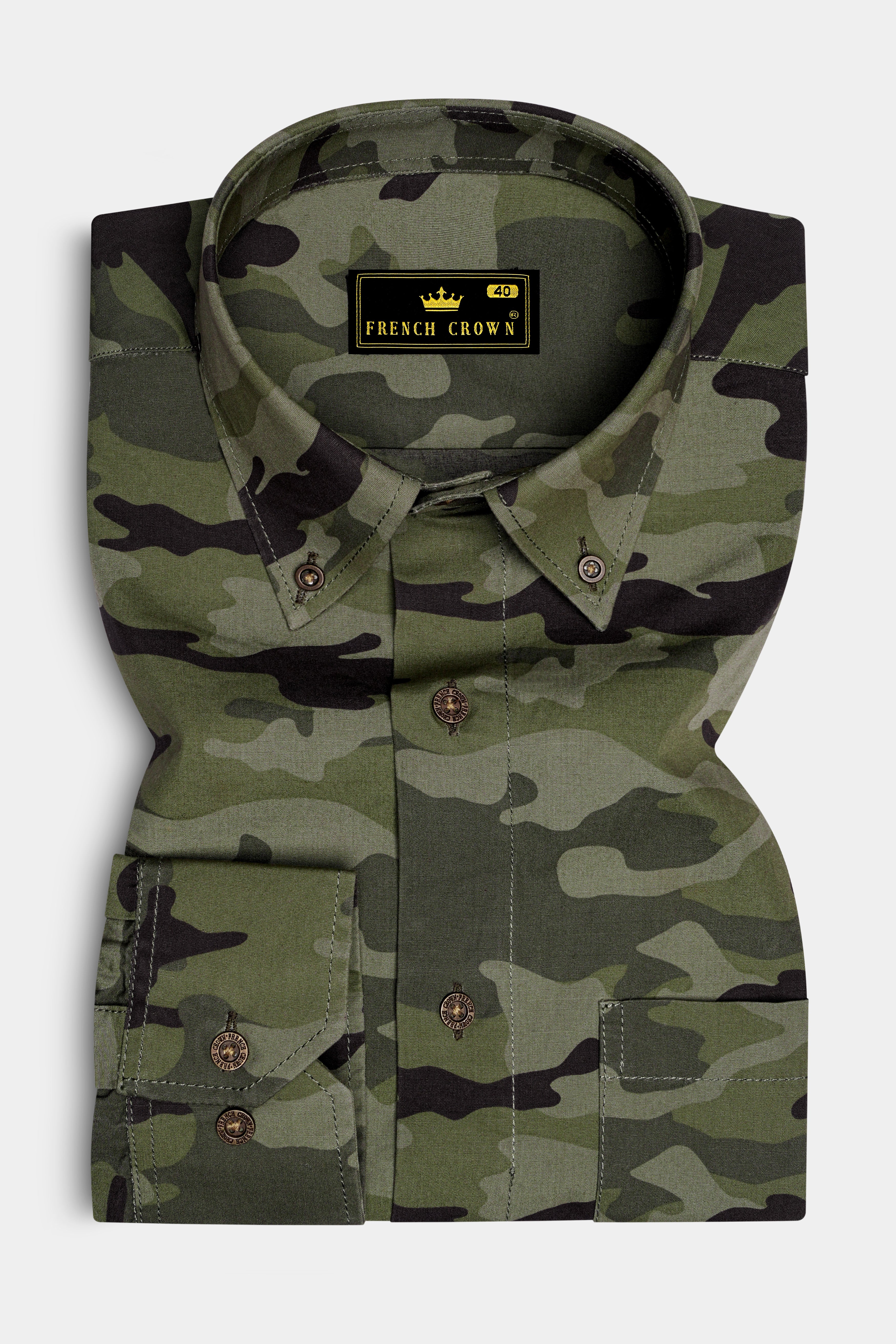 Limed Green with Bistre Brown Camouflage Printed Royal Oxford Shirt