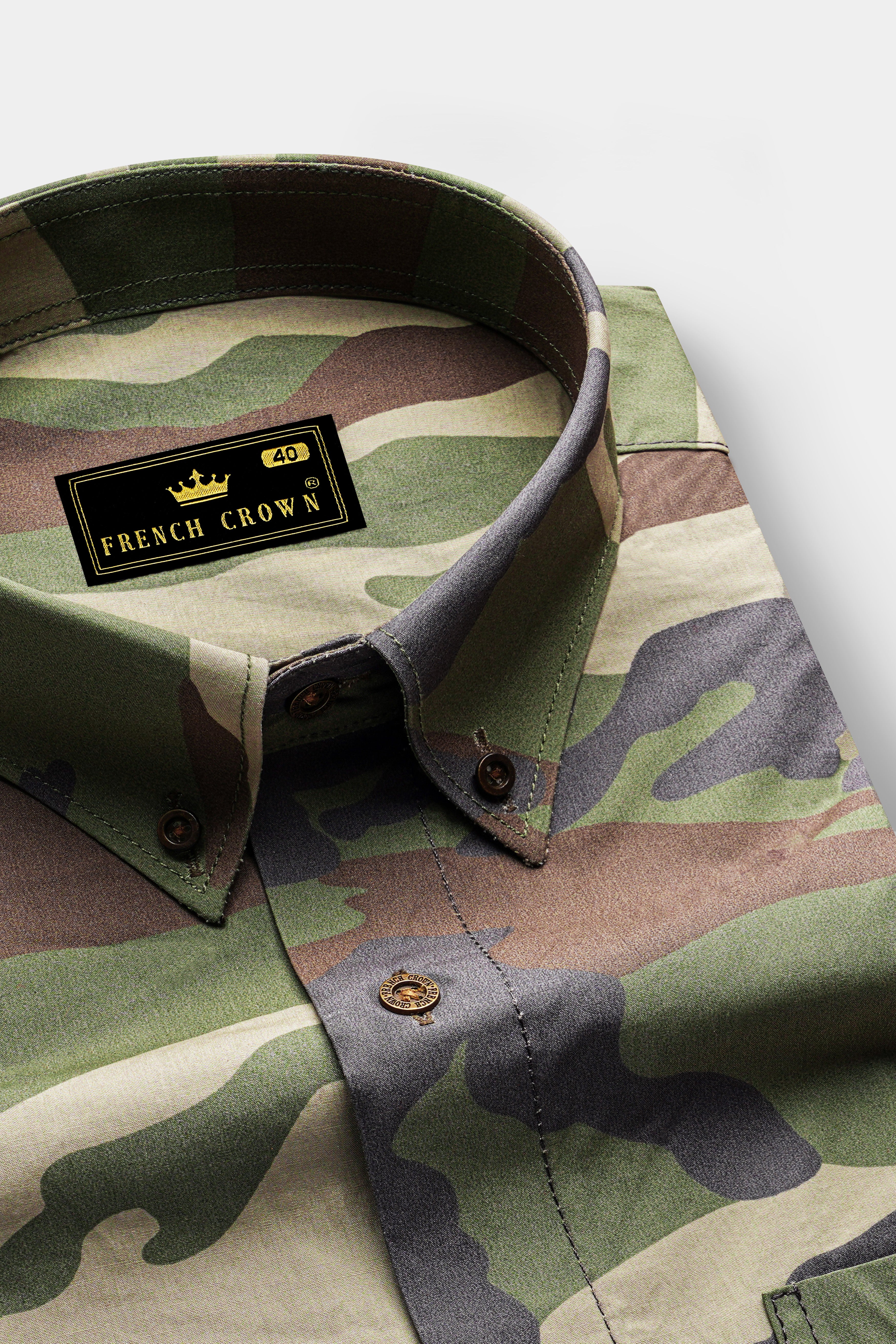 Siam Green with Wenge Brown Camouflage Printed Royal Oxford Shirt