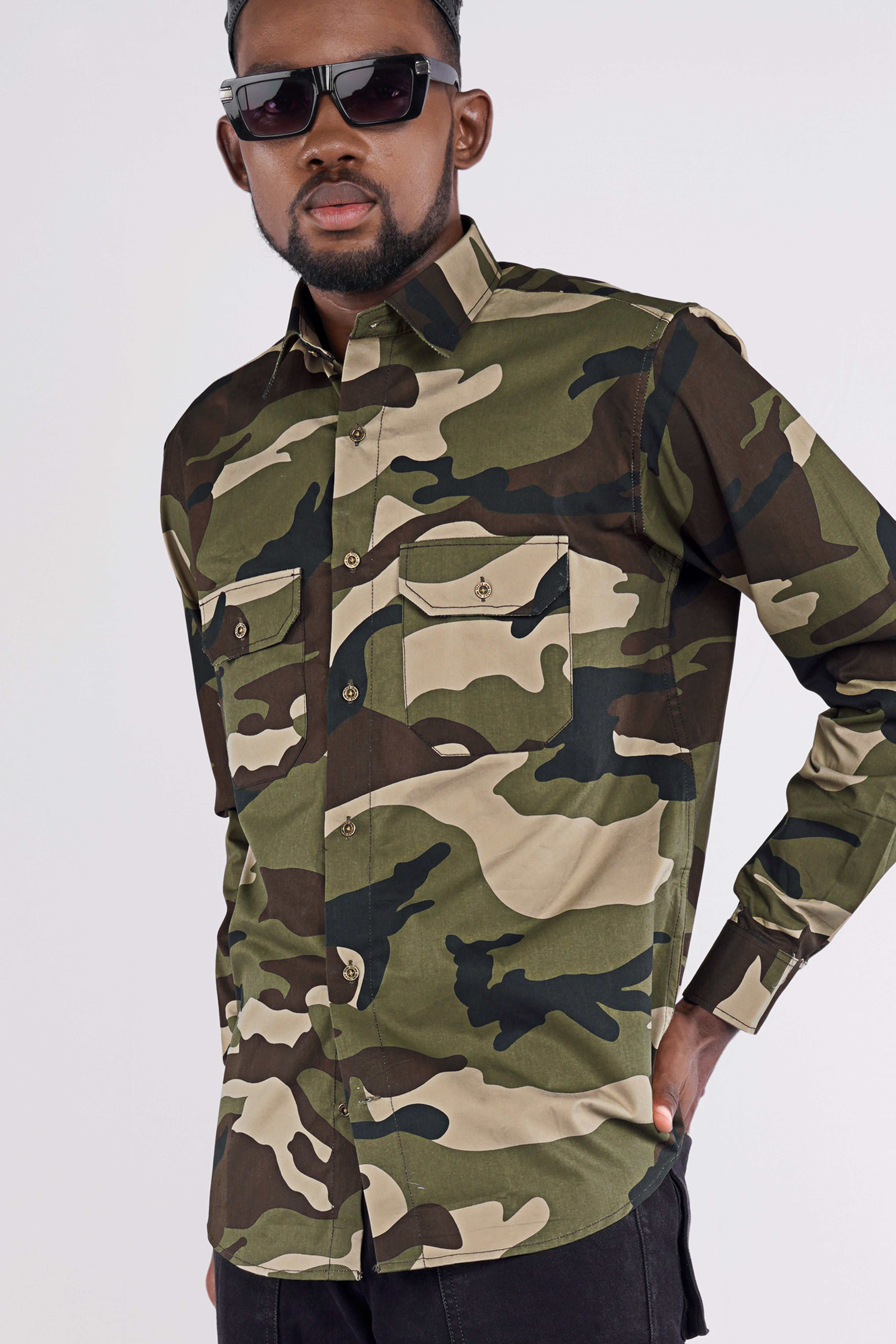 Finch Green with Wenge Brown Camouflage Printed Royal Oxford Designer Shirt
