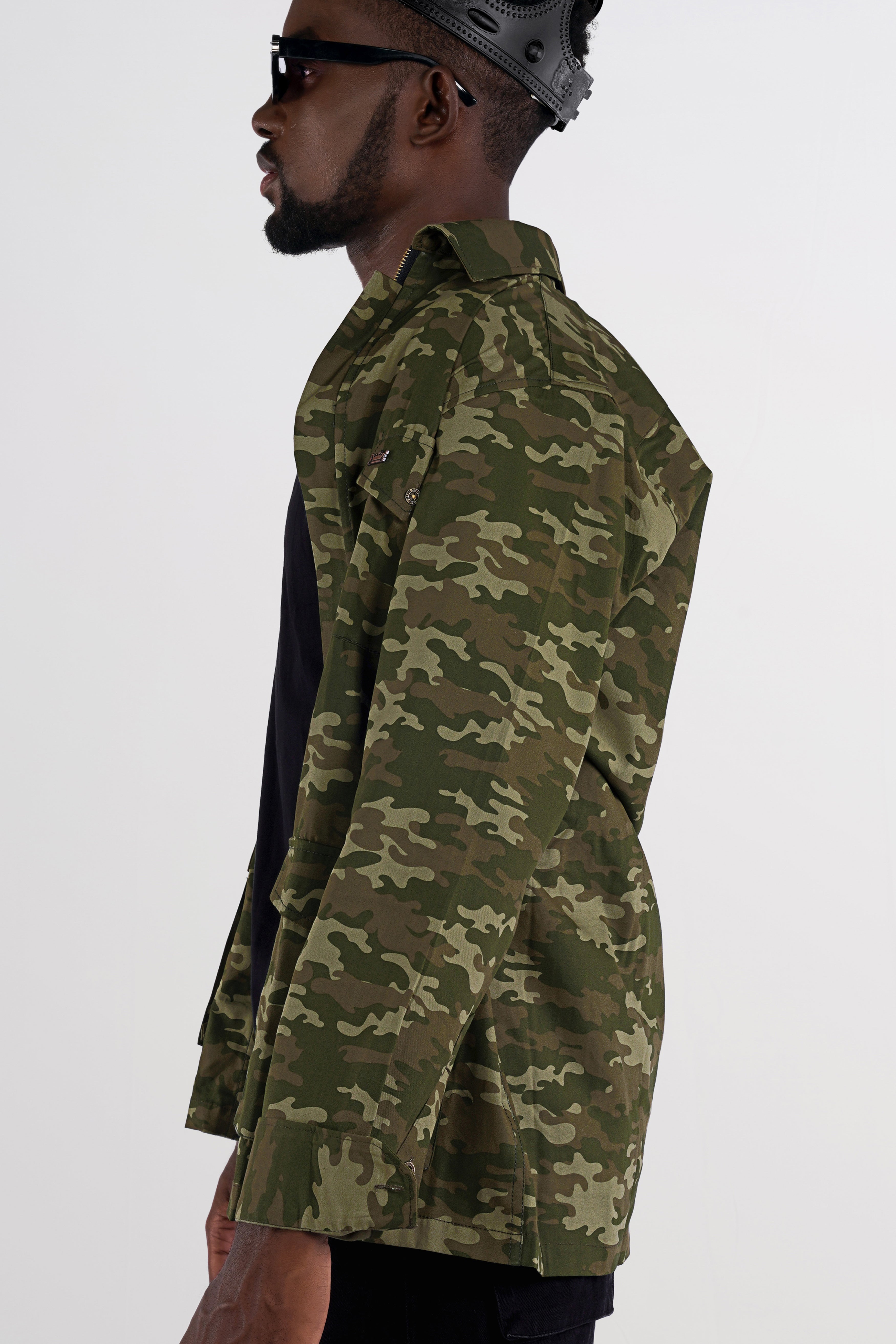 Bistre Green with Fuscous Brown Camouflage Printed Royal Oxford Designer zipper Jacket