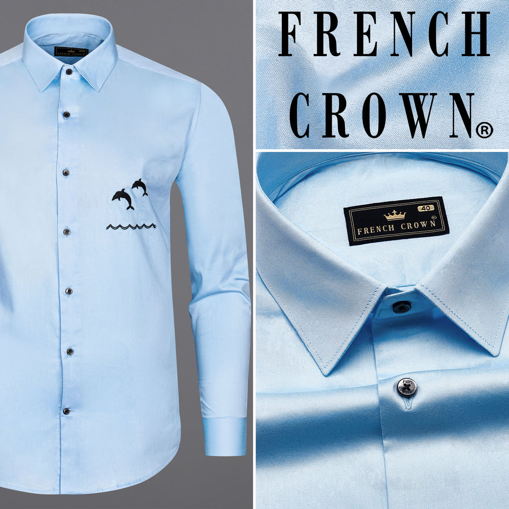 French Crown Spindle Blue Fish Casual Plain-solid Premium Cotton Shirt For Men, 38 / XS / Half / Short Sleeves