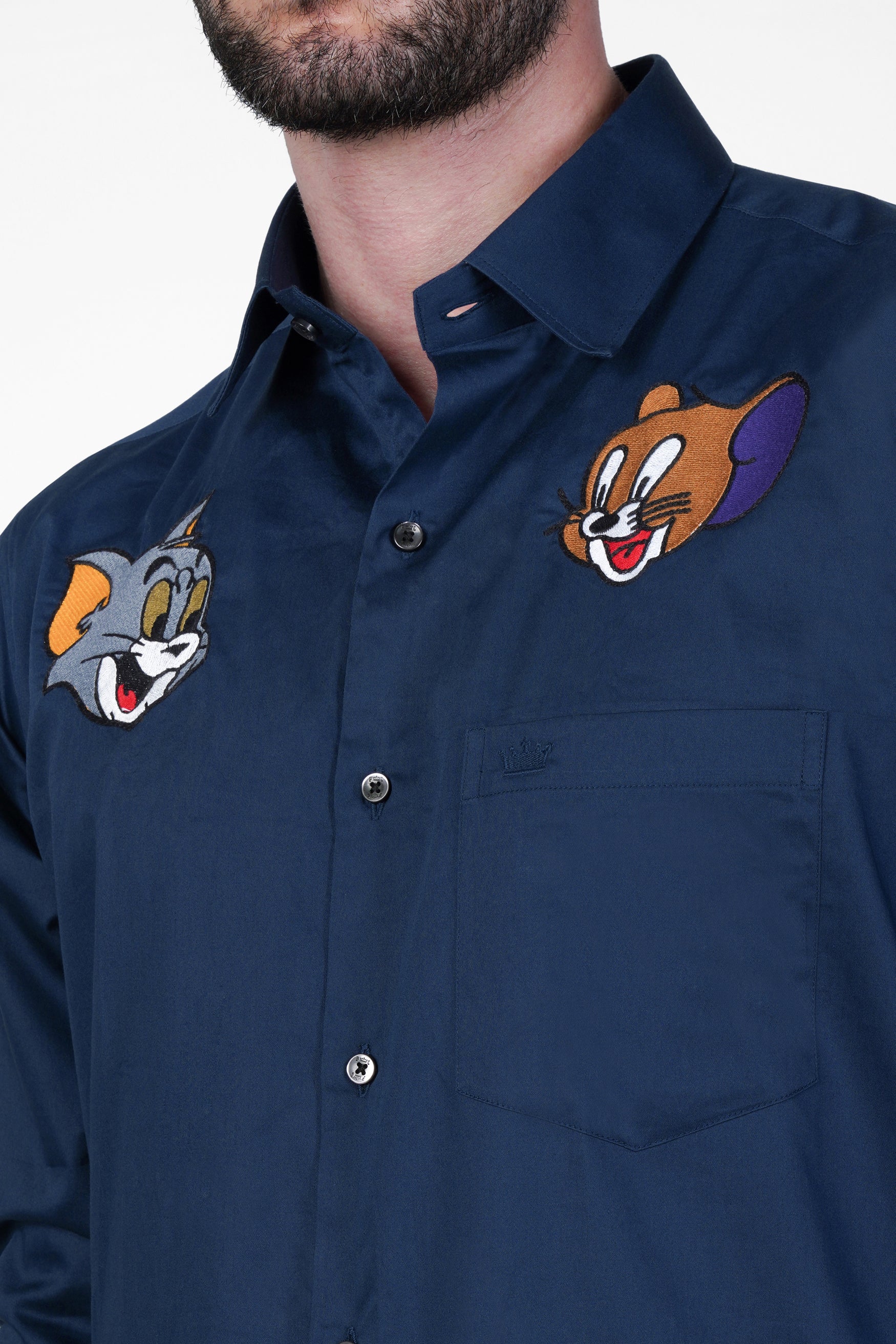 Zodiac Blue With Multicolour Subtle Sheen Tom and Jerry Embroidered Super Soft Premium Cotton Shirt