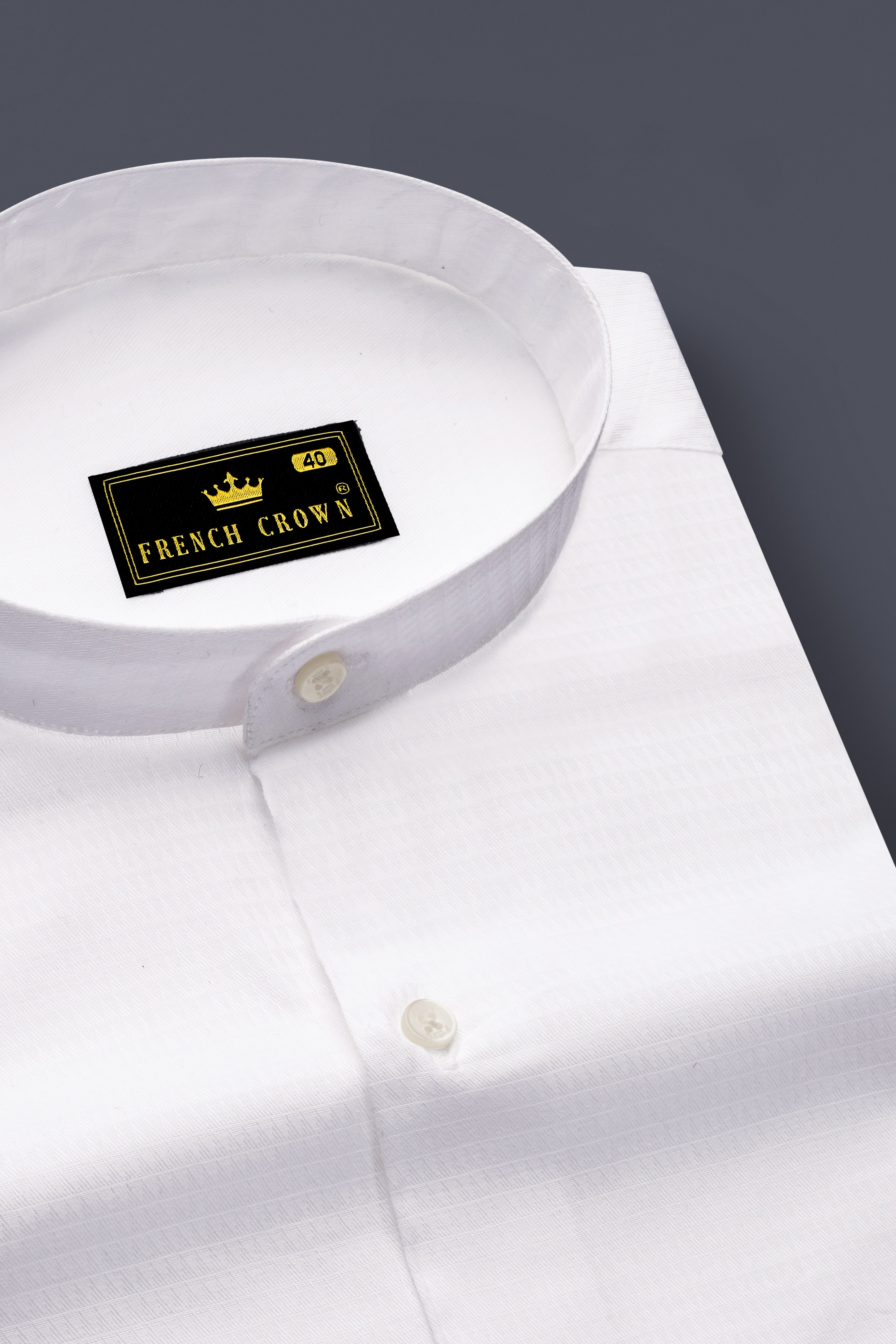 Bright White Dobby Textured Premium Giza Cotton Mandarin Collar Shirt