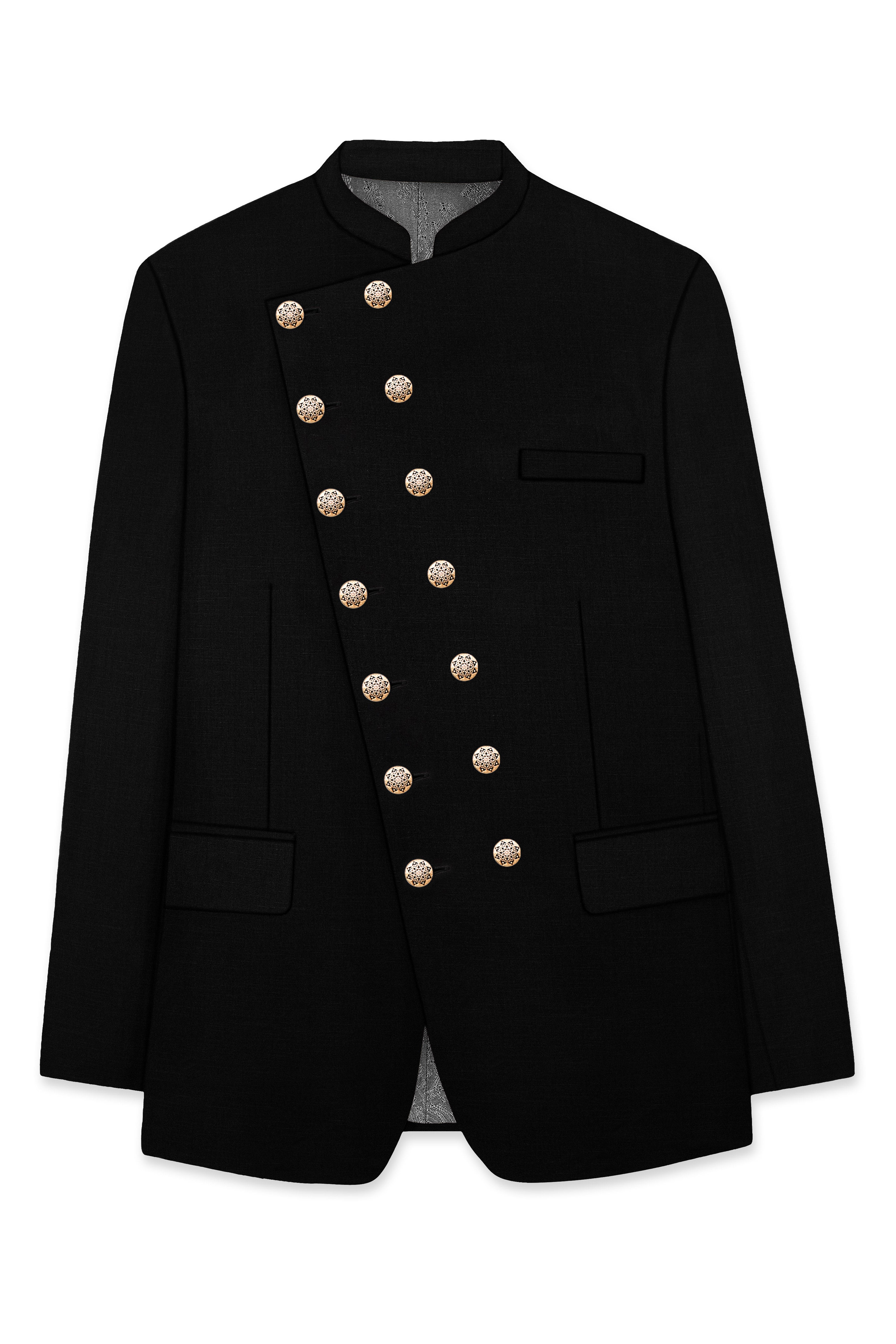 Jade Black Stretchable Subtle Sheen Cross Placket  Double Closure Bandhgala/Mandarin Suit