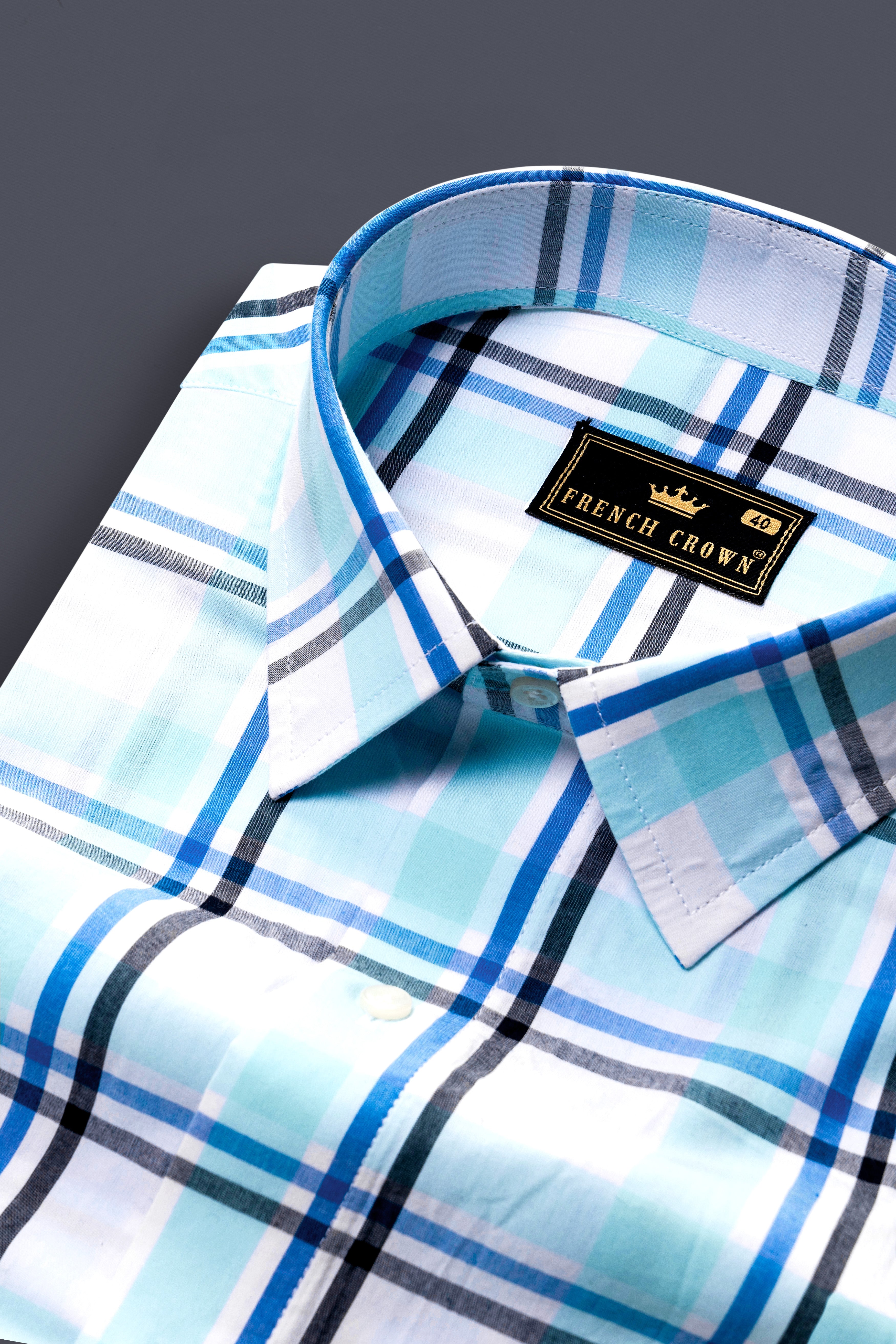 Bright White with Coral Aqua Blue and Black Plaid Premium Cotton Shirt