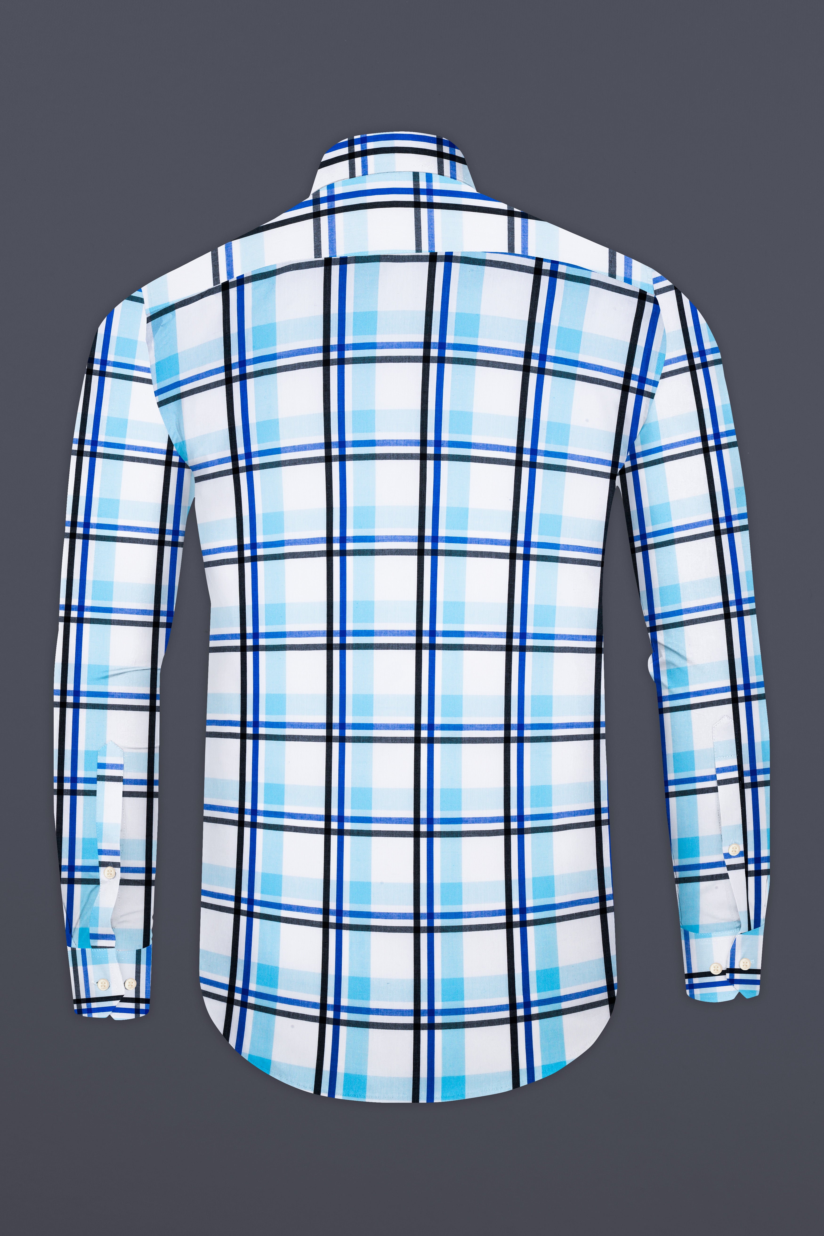 Bright White with Coral Aqua Blue and Black Plaid Premium Cotton Shirt