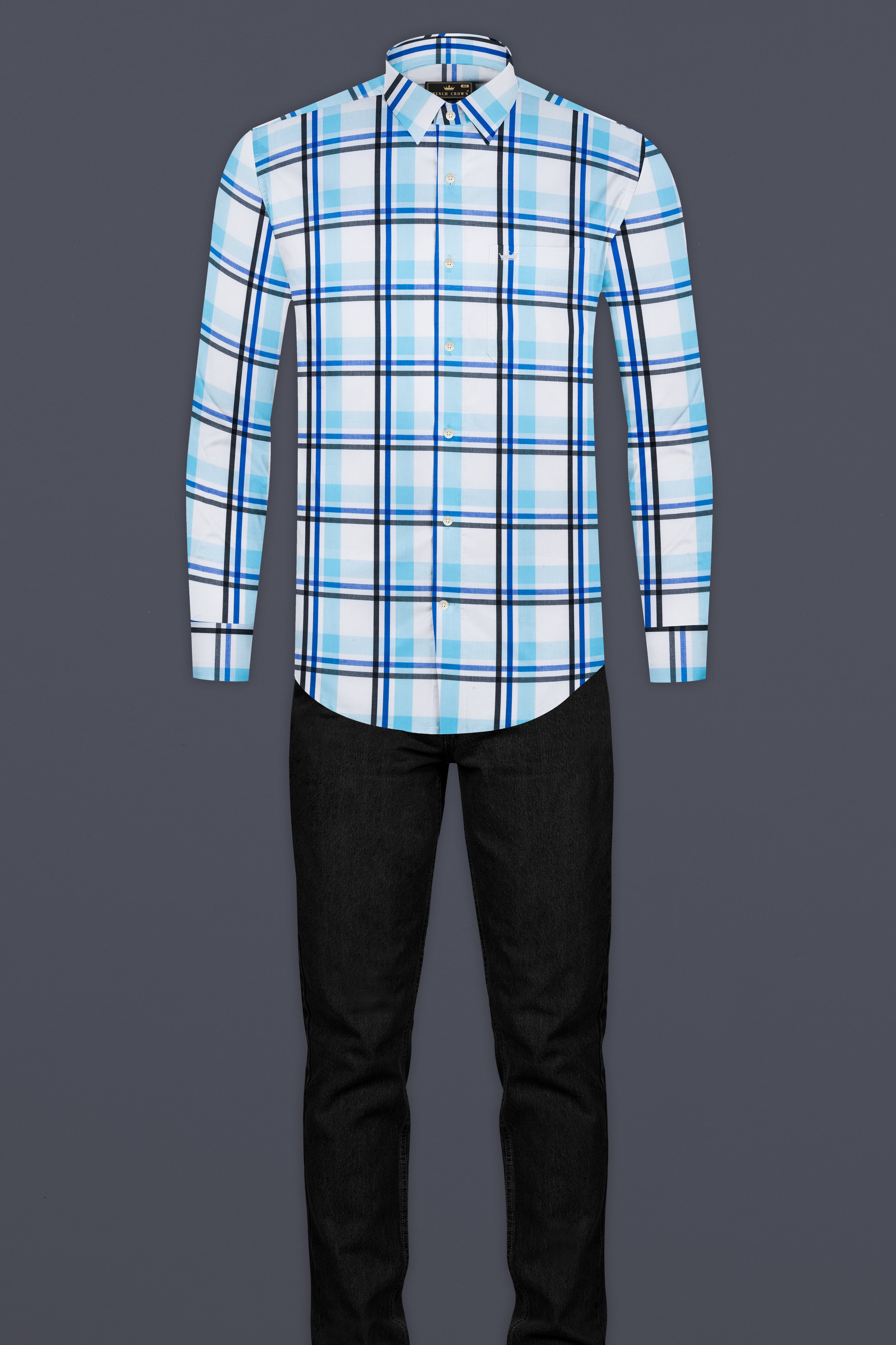 Bright White with Coral Aqua Blue and Black Plaid Premium Cotton Shirt