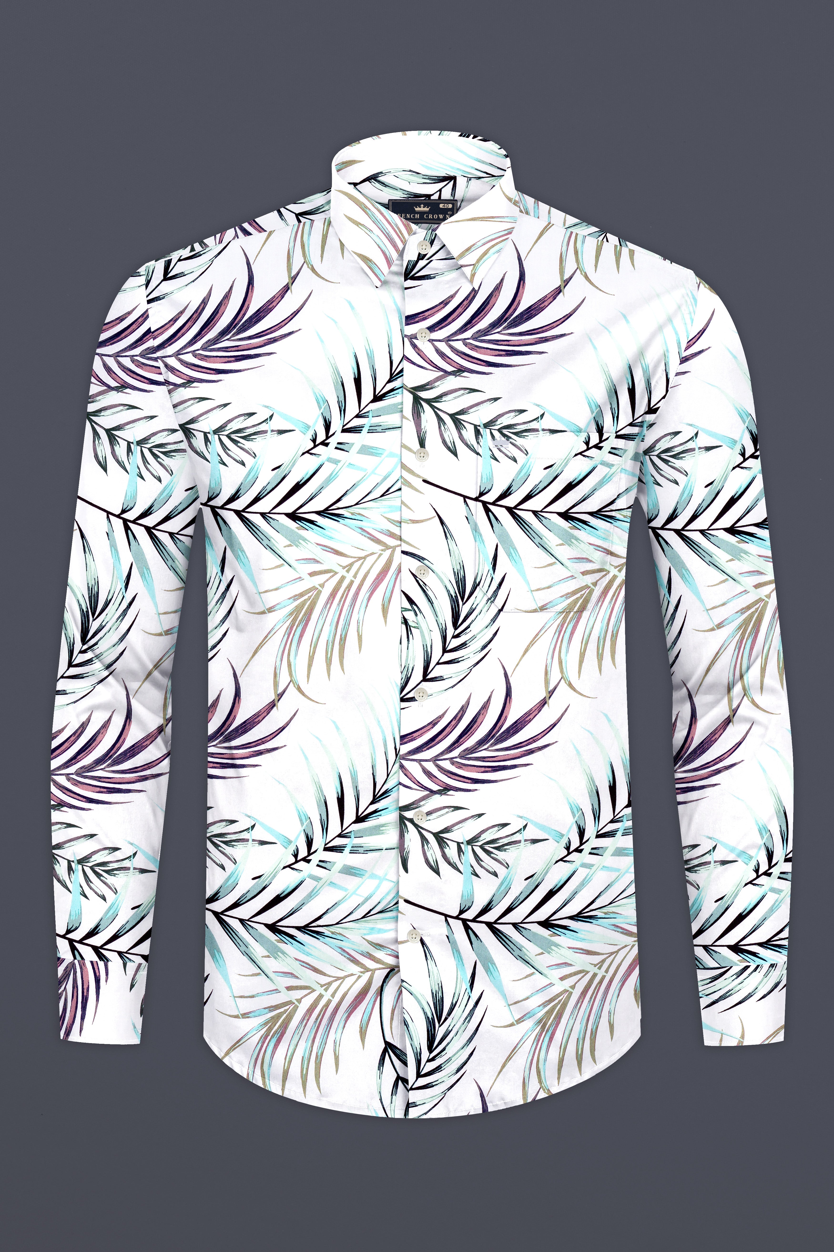 Bright White Multicolour Leaves Printed Premium Cotton Shirt