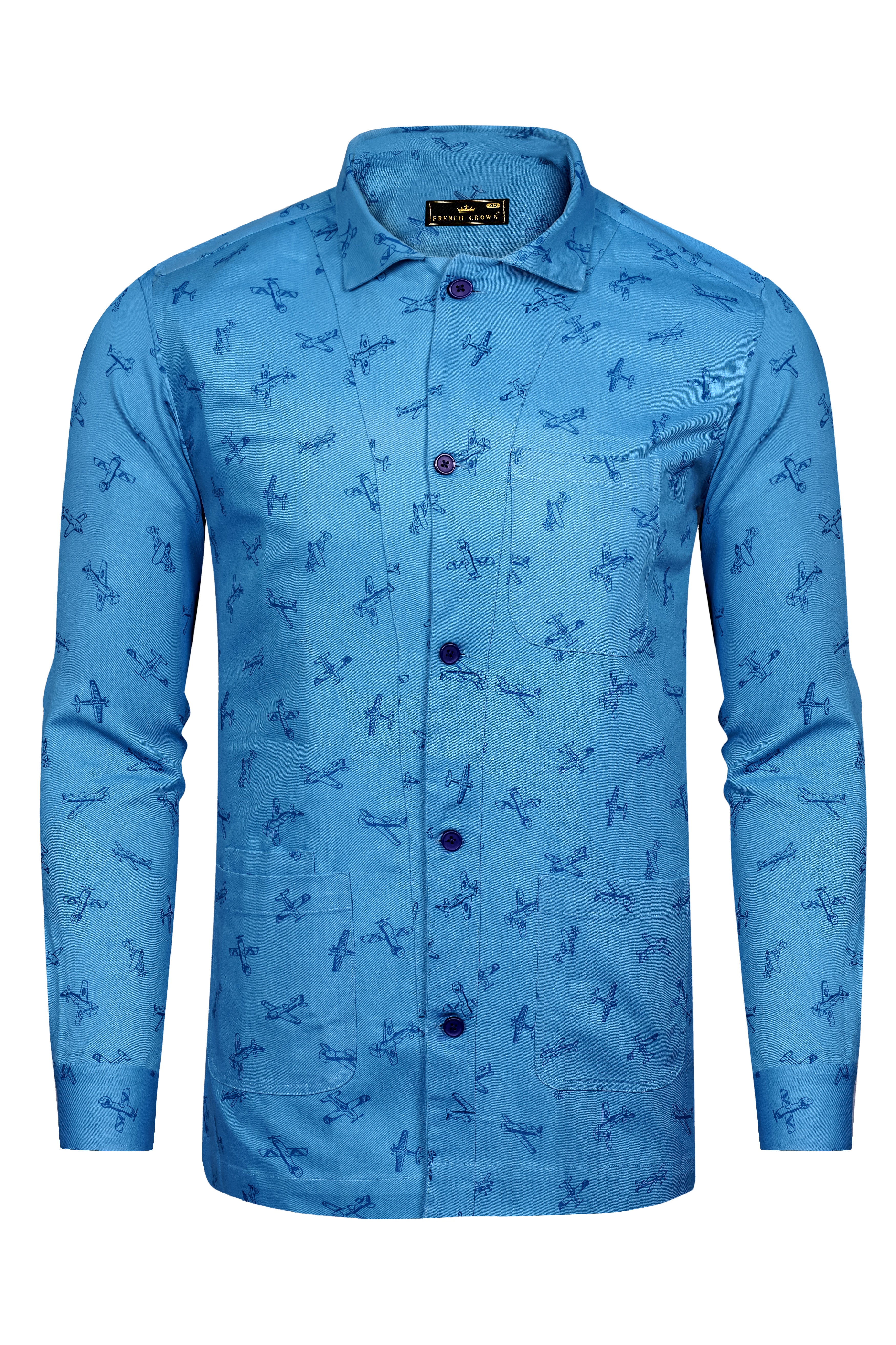 Hippie Blue Airplane Printed Royal Oxford Designer Overshirt