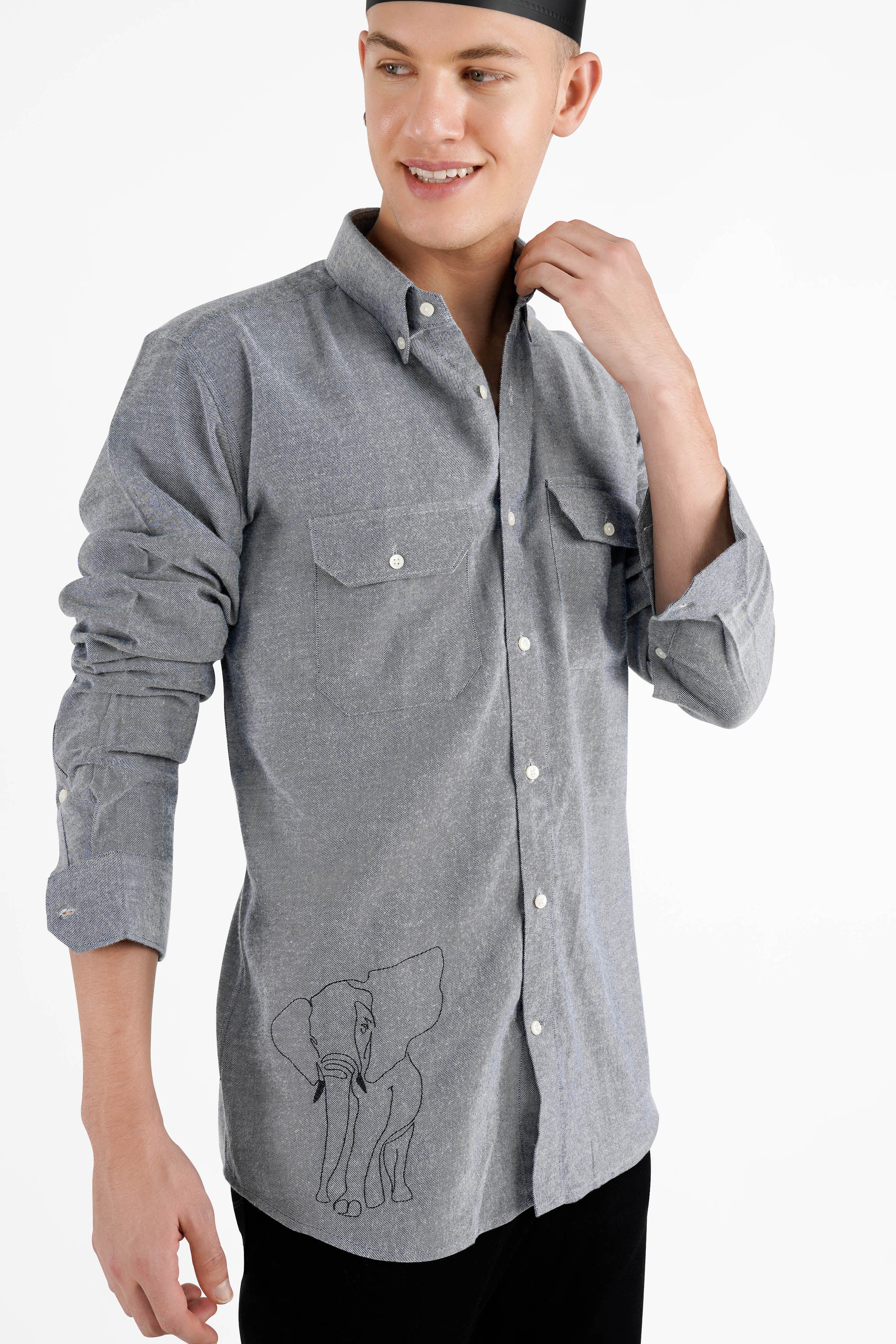 Ironside Gray Elephant Embroidered Flannel Designer Shirt