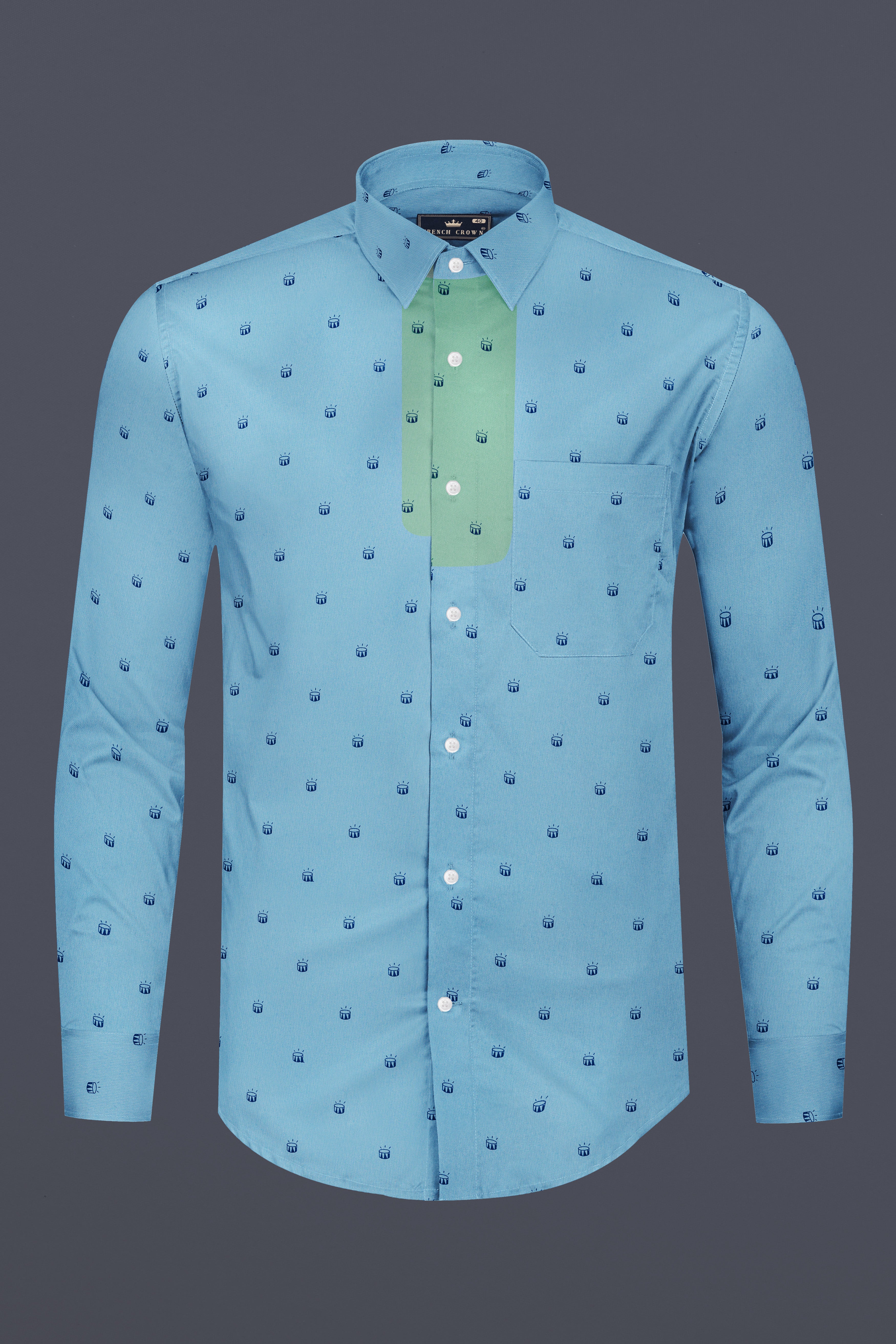 Stream Blue Drums Printed with Green Patches Royal Oxford Designer Overshirt