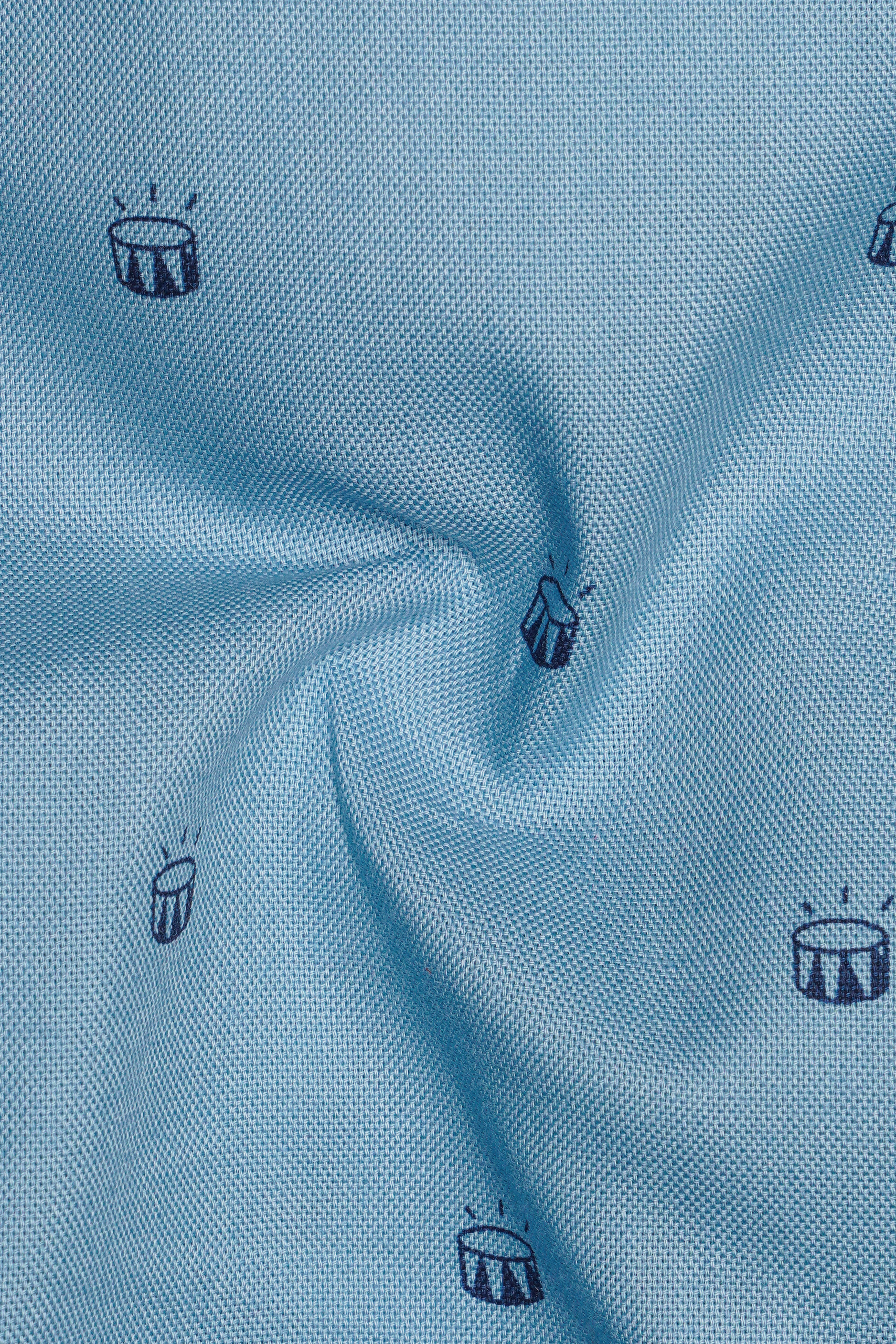 Stream Blue Drums Printed with Green Patches Royal Oxford Designer Overshirt