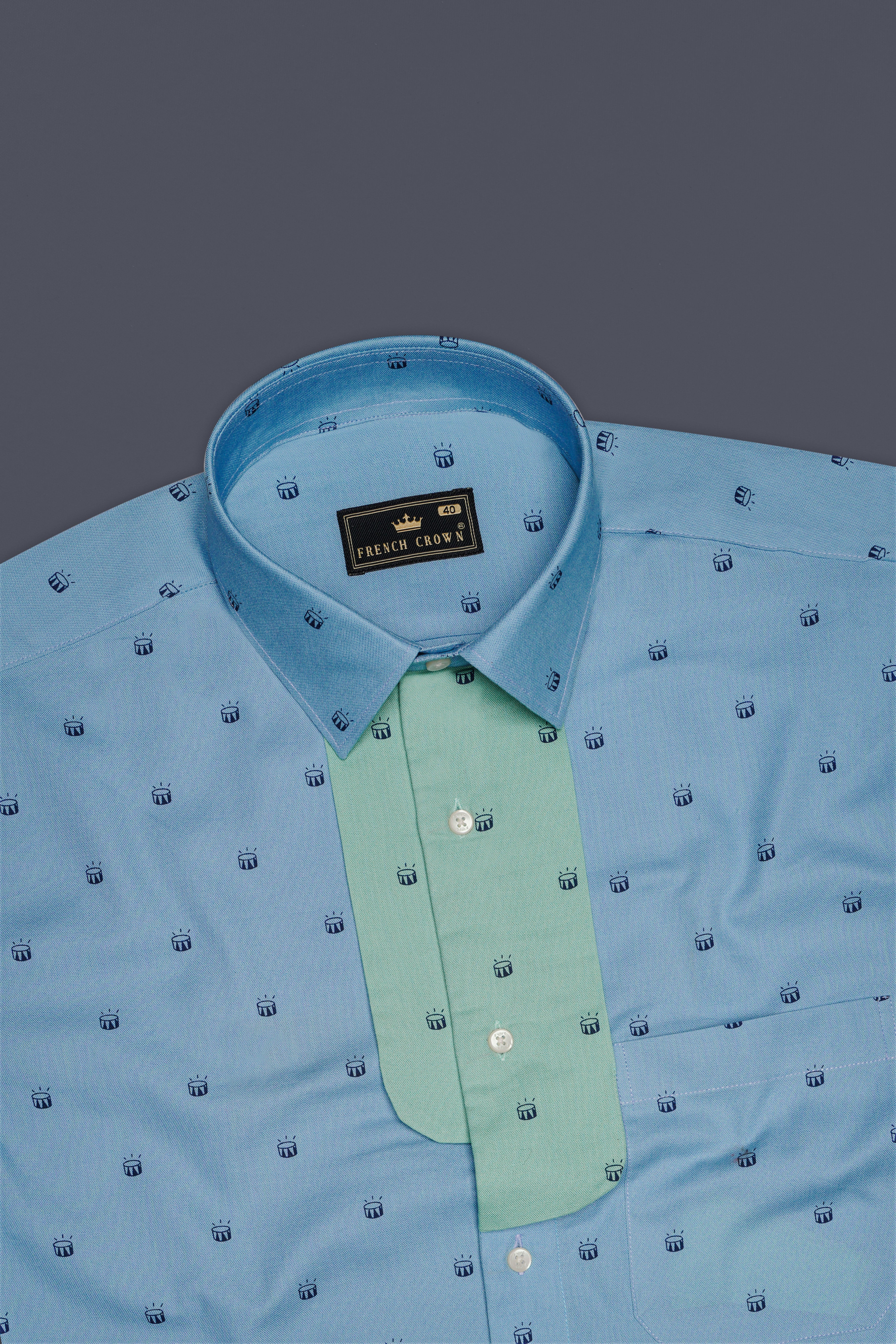 Stream Blue Drums Printed with Green Patches Royal Oxford Designer Overshirt