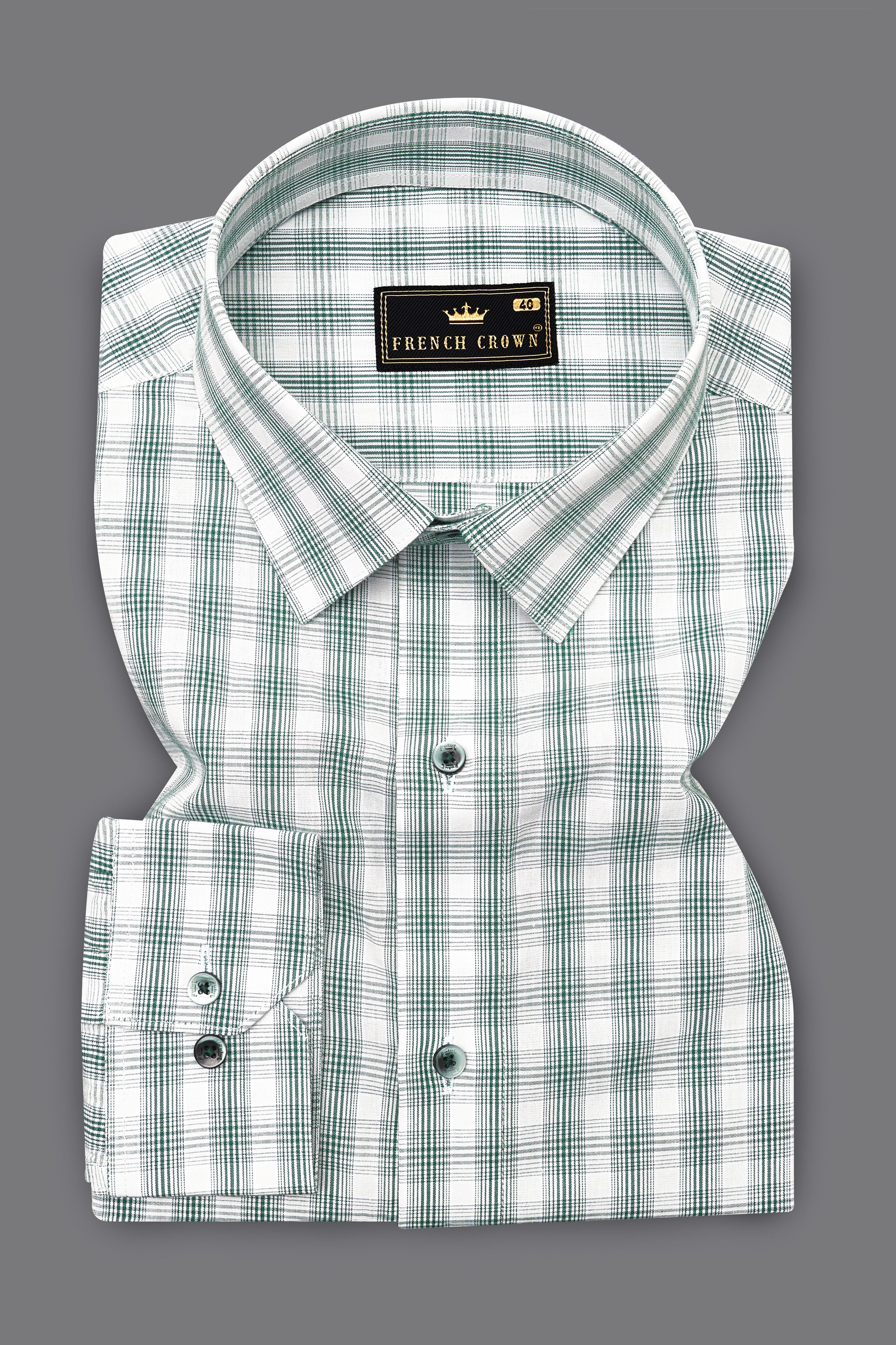 Plantation Green with White Checkered and Tiger Striped Premium Cotton Designer Shirt